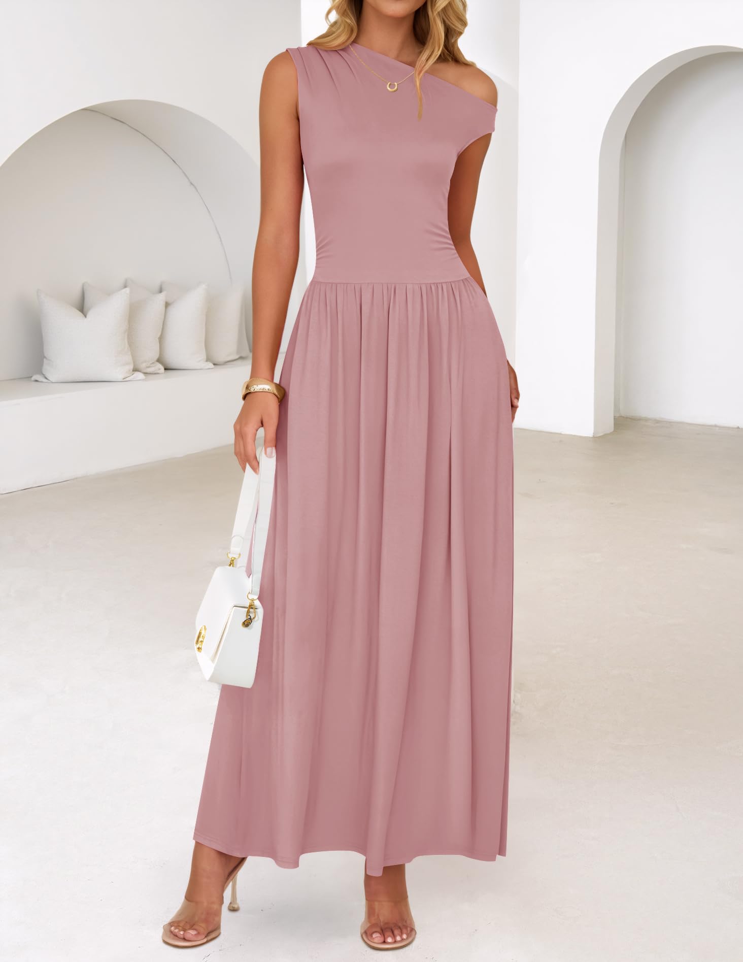 Foto 4 pulgar | Vestido Largo Zesica Summer 2025 Con Un Solo Hombro, Casual, Rosa - Venta Internacional.