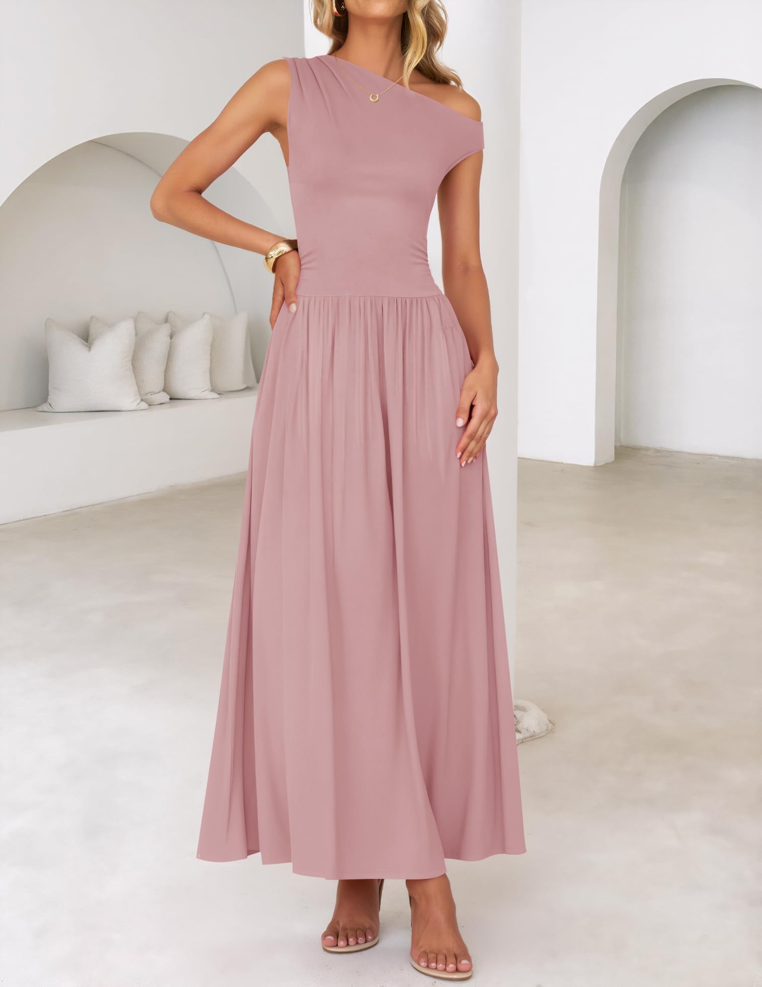 Foto 7 pulgar | Vestido Largo Zesica Summer 2025 Con Un Solo Hombro, Casual, Rosa - Venta Internacional.