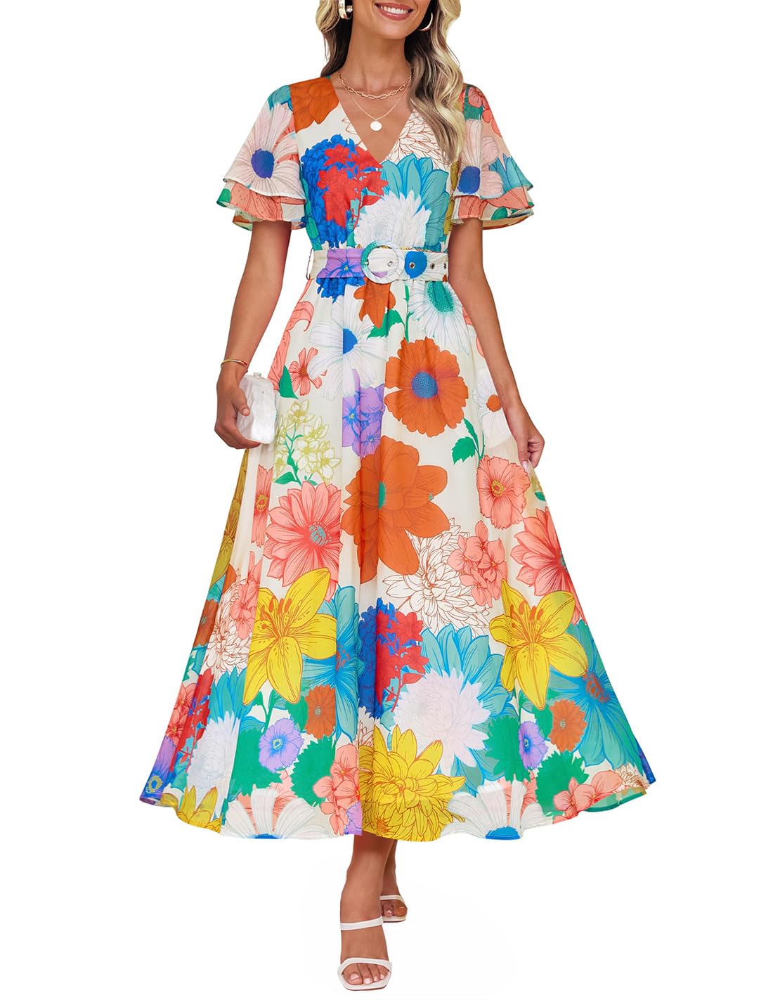 Foto 2 pulgar | Vestido Midi Zesica 2025 Con Cuello En V Floral De Verano Para Mujer - Venta Internacional.