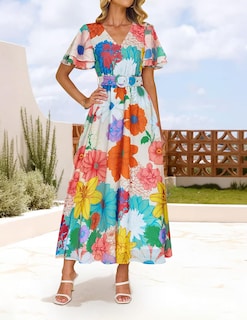 Foto 2 | Vestido Midi Zesica 2025 Con Cuello En V Floral De Verano Para Mujer - Venta Internacional.