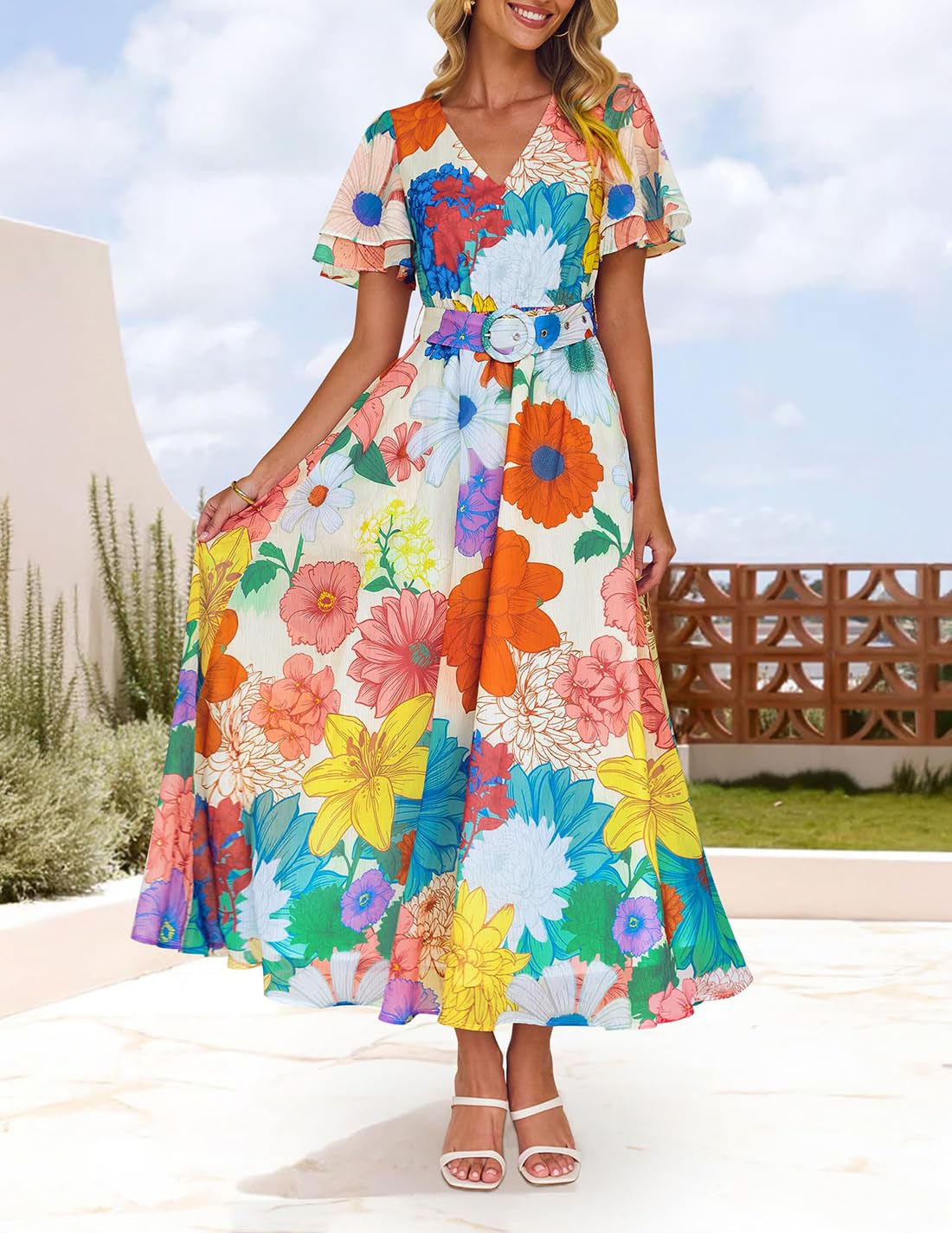 Foto 4 pulgar | Vestido Midi Zesica 2025 Con Cuello En V Floral De Verano Para Mujer - Venta Internacional.