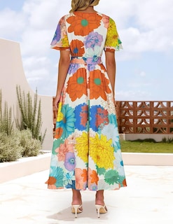 Foto 4 | Vestido Midi Zesica 2025 Con Cuello En V Floral De Verano Para Mujer - Venta Internacional.