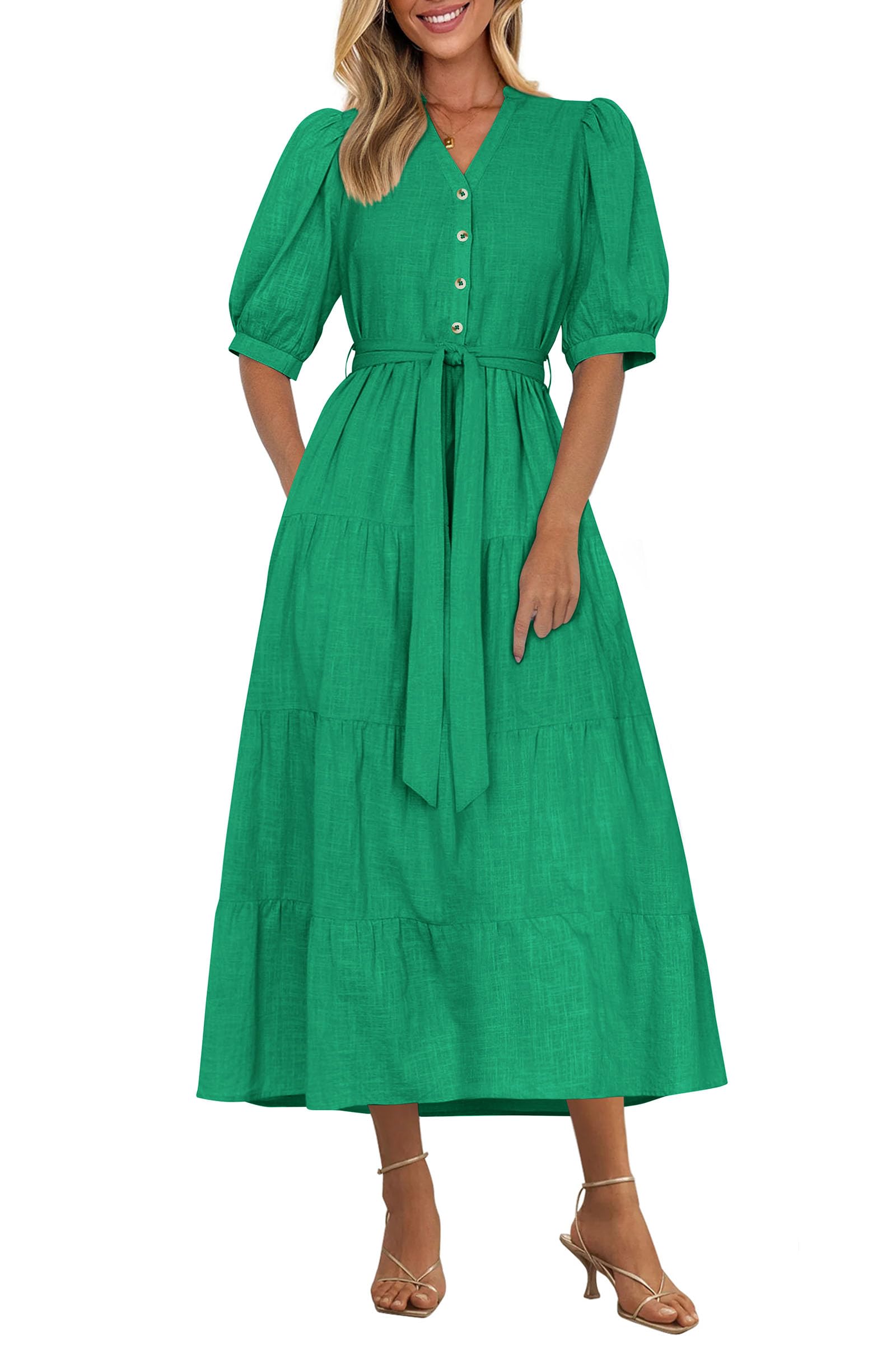 Vestido Midi Prettygarden 2025 Con Cuello En V Y Manga Corta, Verde - Venta Internacional.