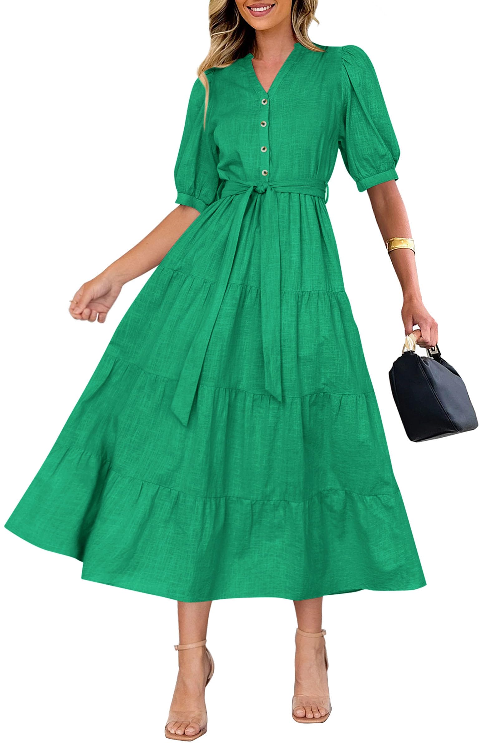 Foto 2 | Vestido Midi Prettygarden 2025 Con Cuello En V Y Manga Corta, Verde - Venta Internacional.