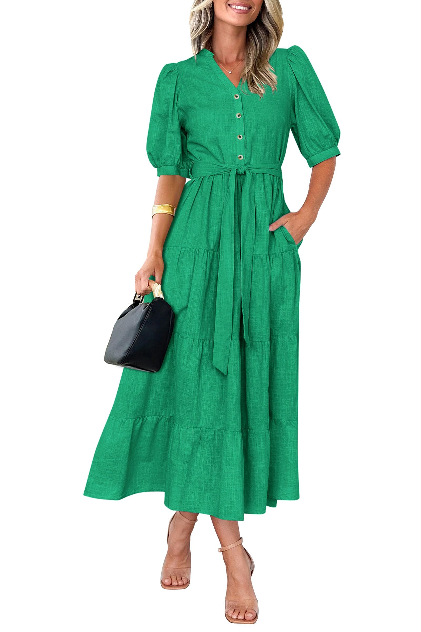 Foto 4 pulgar | Vestido Midi Prettygarden 2025 Con Cuello En V Y Manga Corta, Verde - Venta Internacional.