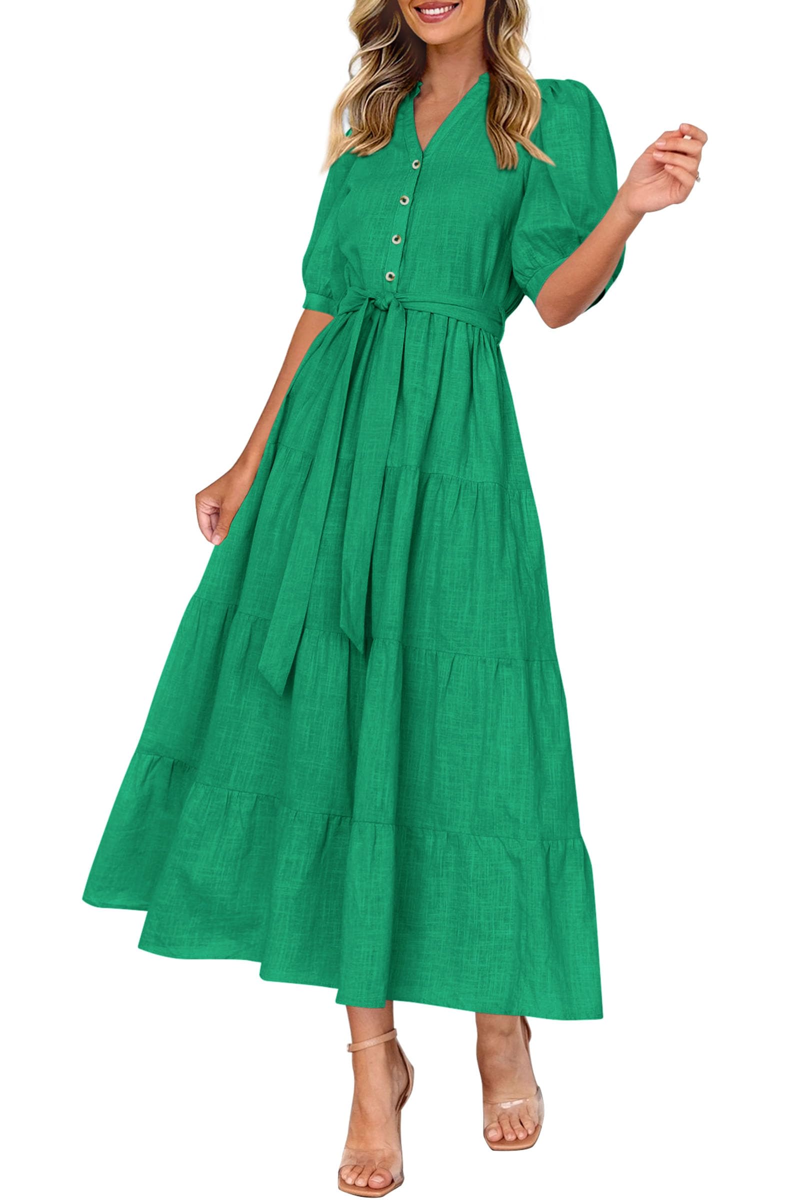 Foto 5 | Vestido Midi Prettygarden 2025 Con Cuello En V Y Manga Corta, Verde - Venta Internacional.