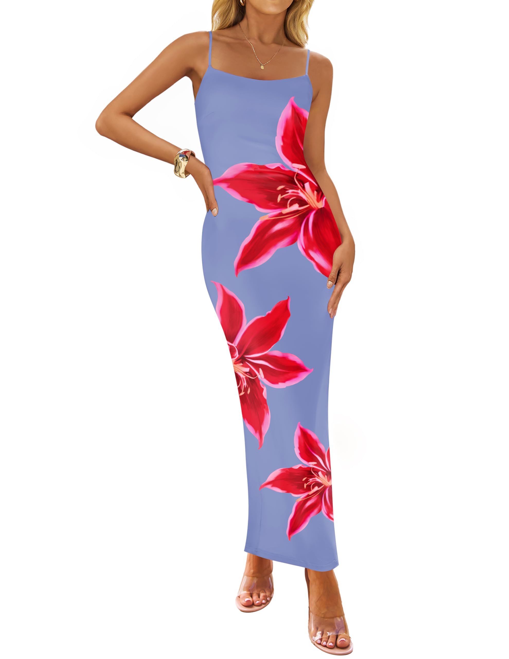 Foto 1 | Vestido Largo Zesica Para Mujer, Estampado Floral, Tirantes Finos, Color Azul - Venta Internacional.