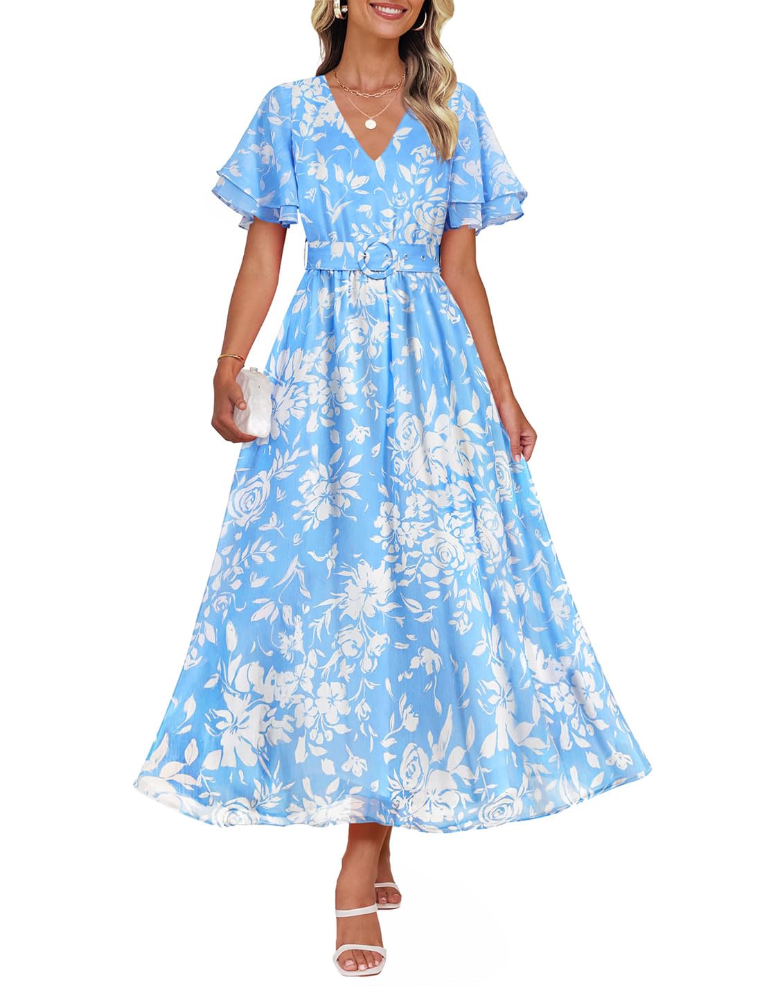 Vestido Zesica Para Mujer 2025, Estampado Floral, Cuello En V, Midi, Azul - Venta Internacional.