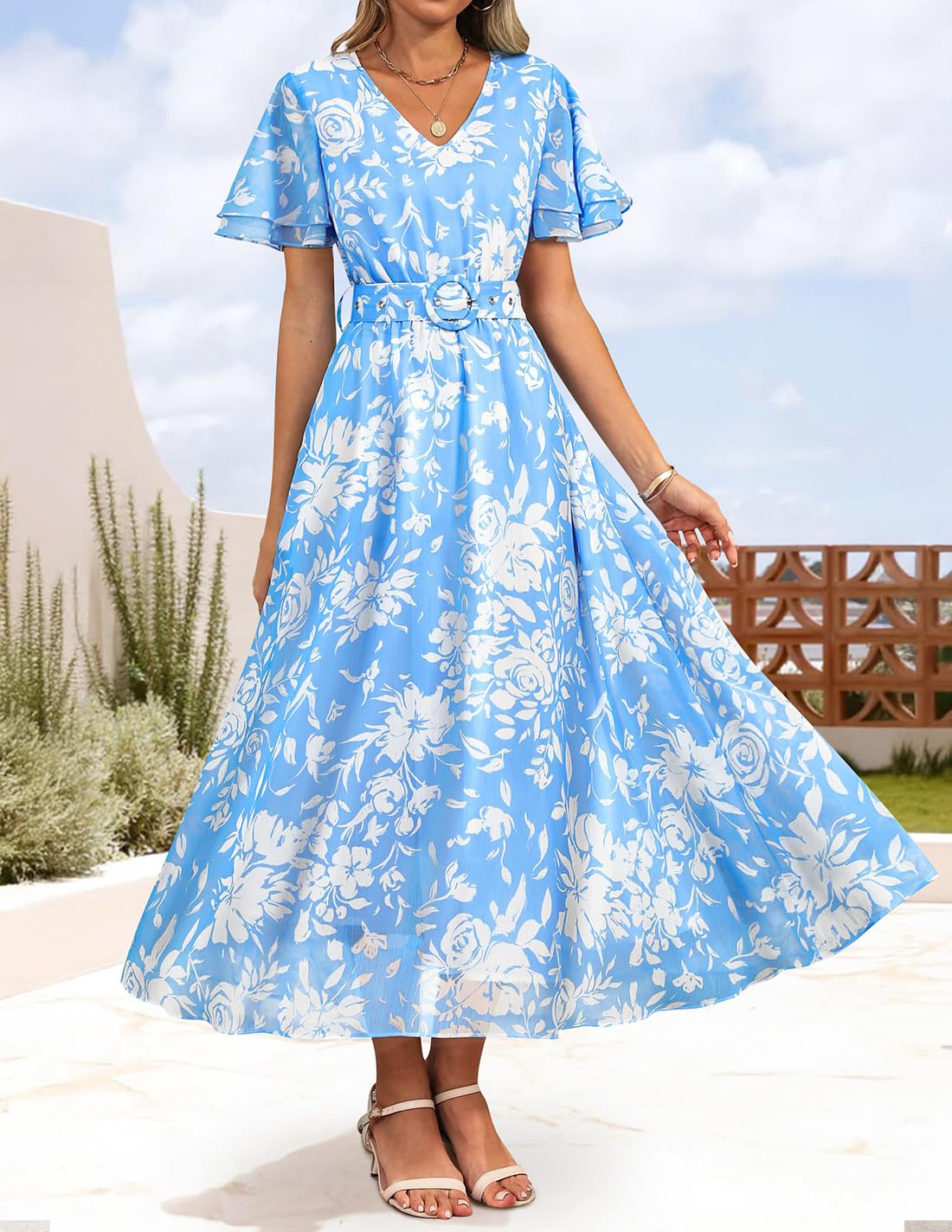 Foto 2 | Vestido Zesica Para Mujer 2025, Estampado Floral, Cuello En V, Midi, Azul - Venta Internacional.
