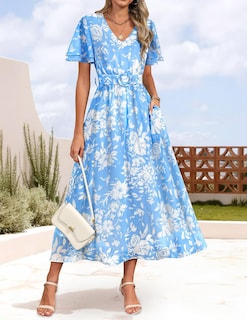 Foto 7 | Vestido Zesica Para Mujer 2025, Estampado Floral, Cuello En V, Midi, Azul - Venta Internacional.