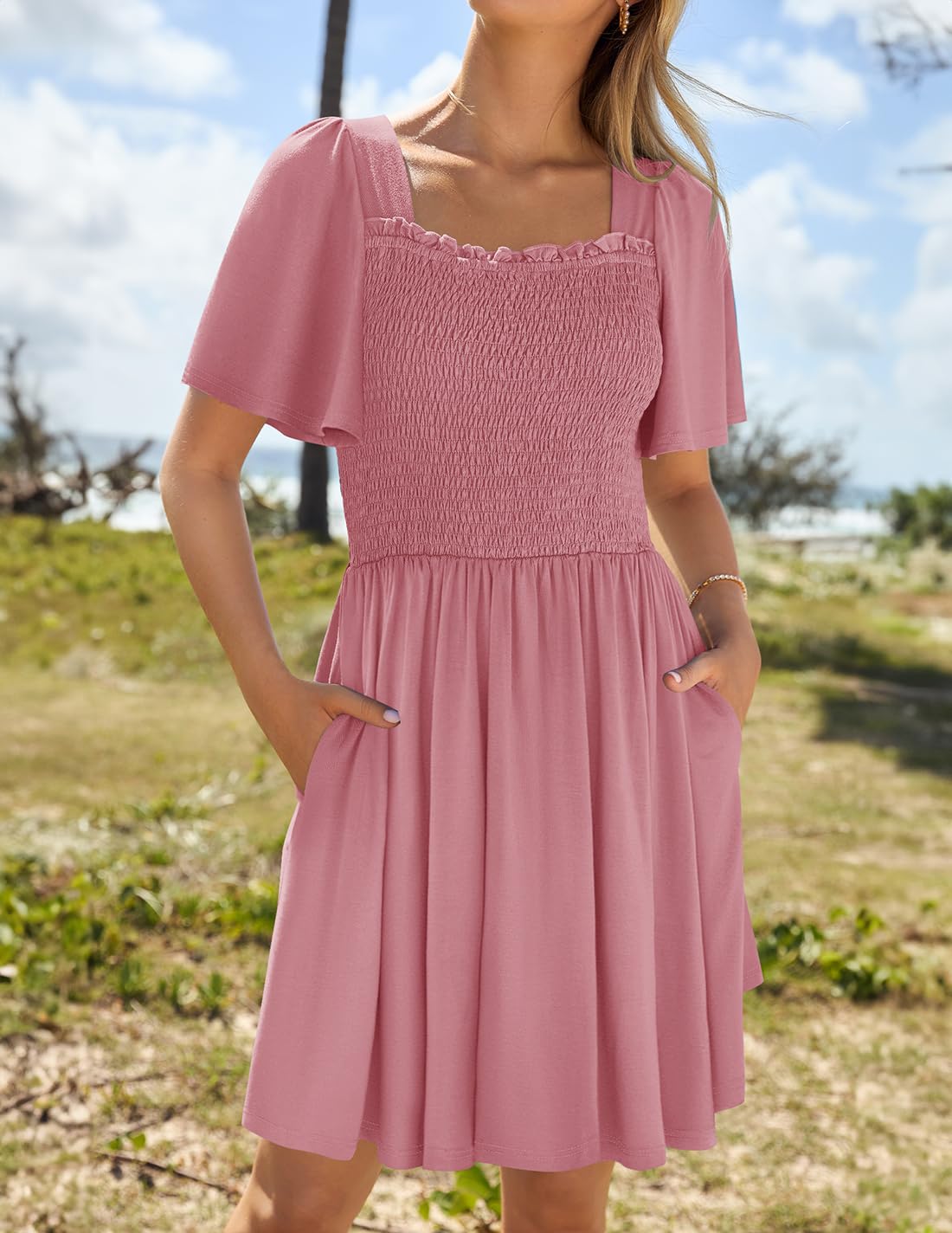 Foto 2 | Vestido Zesica Para Mujer, Verano 2025, Casual, Manga Ondulada, Rosa - Venta Internacional.
