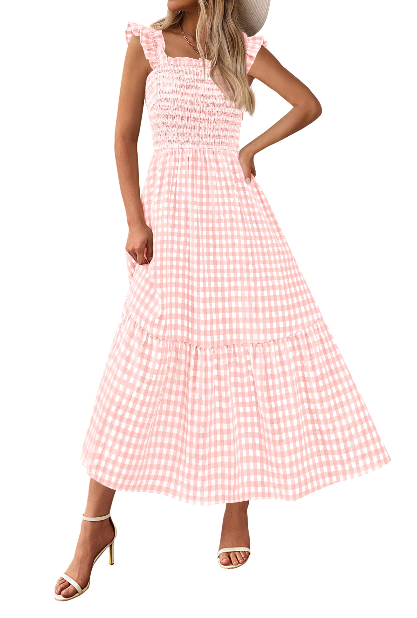 Vestido De Verano Prettygarden, Cuello Cuadrado, Volantes, A Cuadros, Midi, Rosa - Venta Internacional.