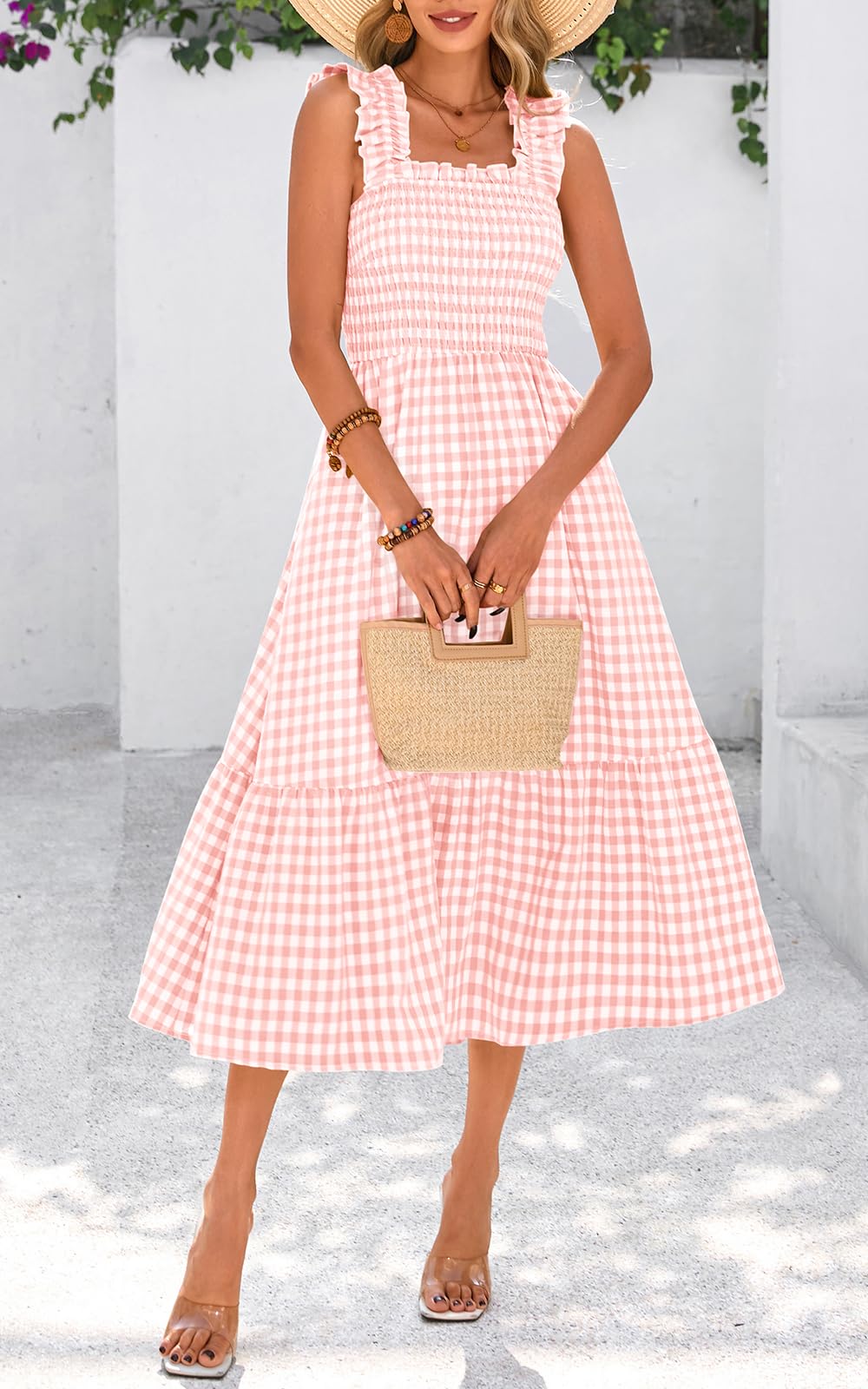 Foto 5 | Vestido De Verano Prettygarden, Cuello Cuadrado, Volantes, A Cuadros, Midi, Rosa - Venta Internacional.