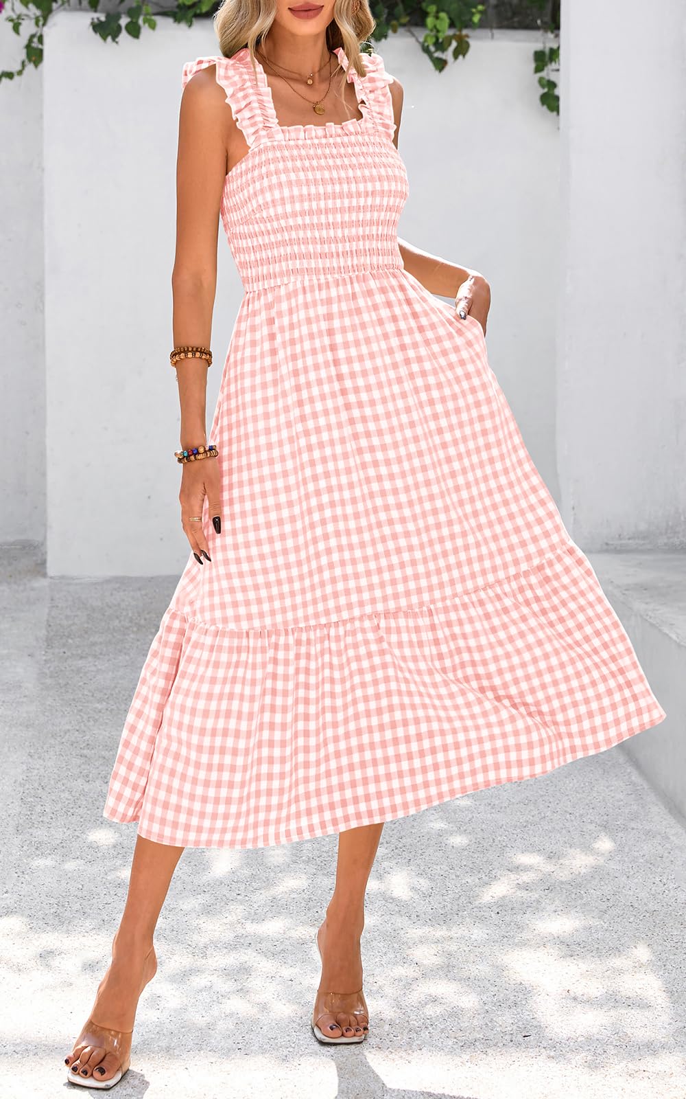 Foto 7 | Vestido De Verano Prettygarden, Cuello Cuadrado, Volantes, A Cuadros, Midi, Rosa - Venta Internacional.