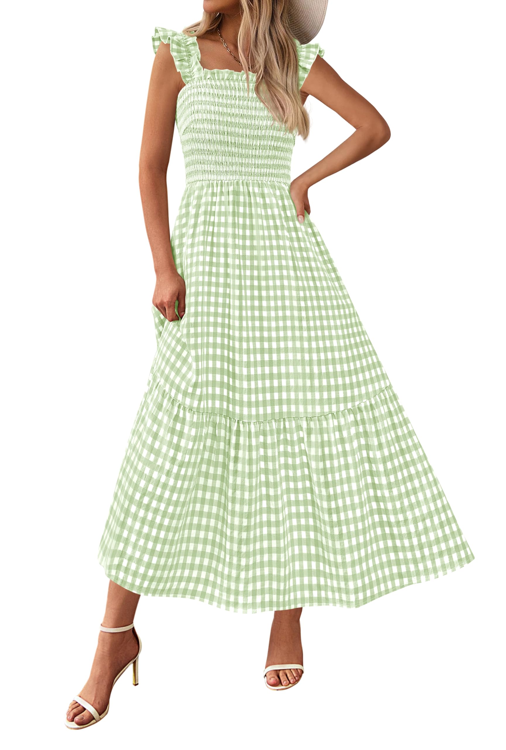 Foto 1 | Vestido De Verano Prettygarden, Cuello Cuadrado, Volantes, A Cuadros, Verde - Venta Internacional.