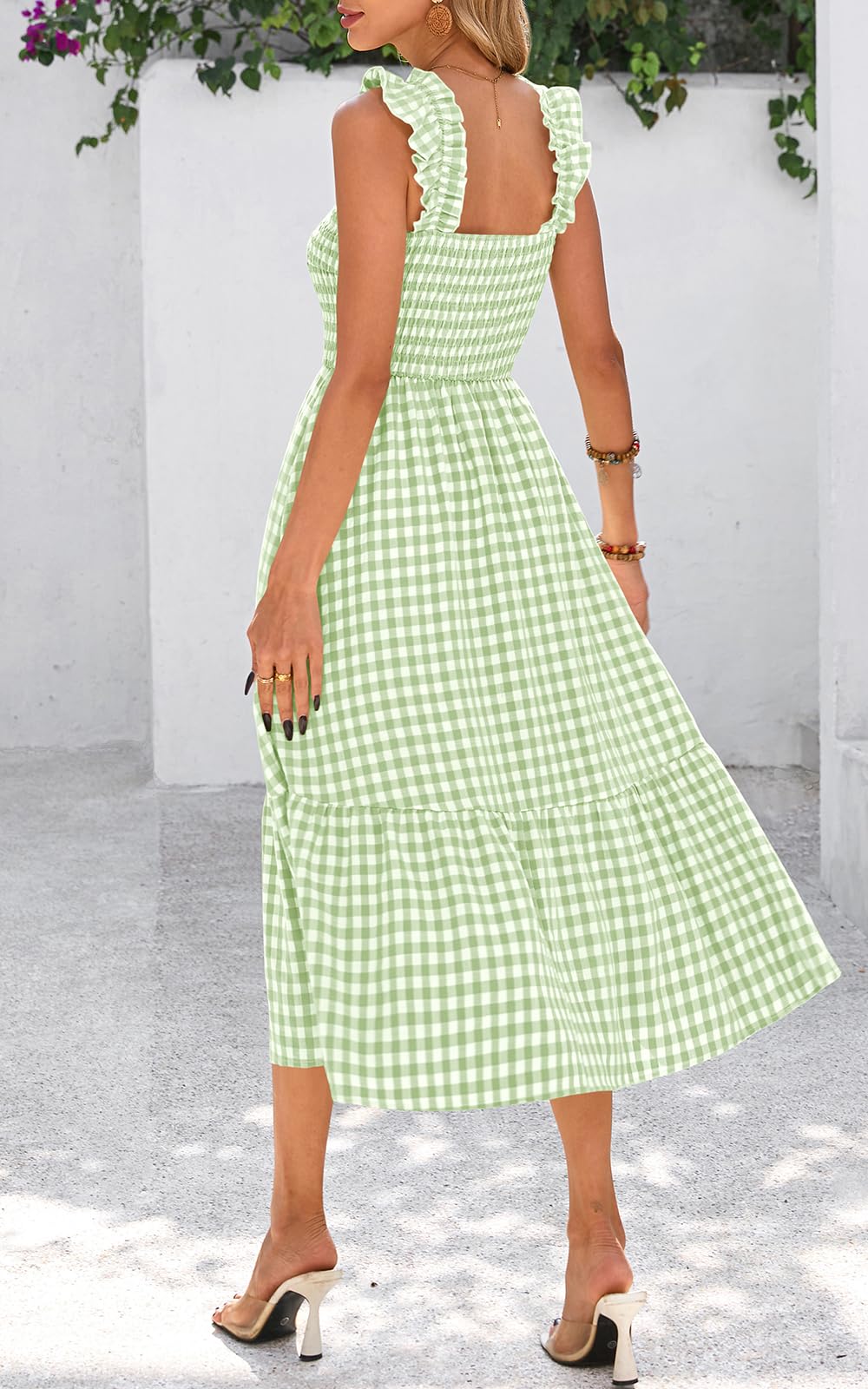 Foto 2 | Vestido De Verano Prettygarden, Cuello Cuadrado, Volantes, A Cuadros, Verde - Venta Internacional.