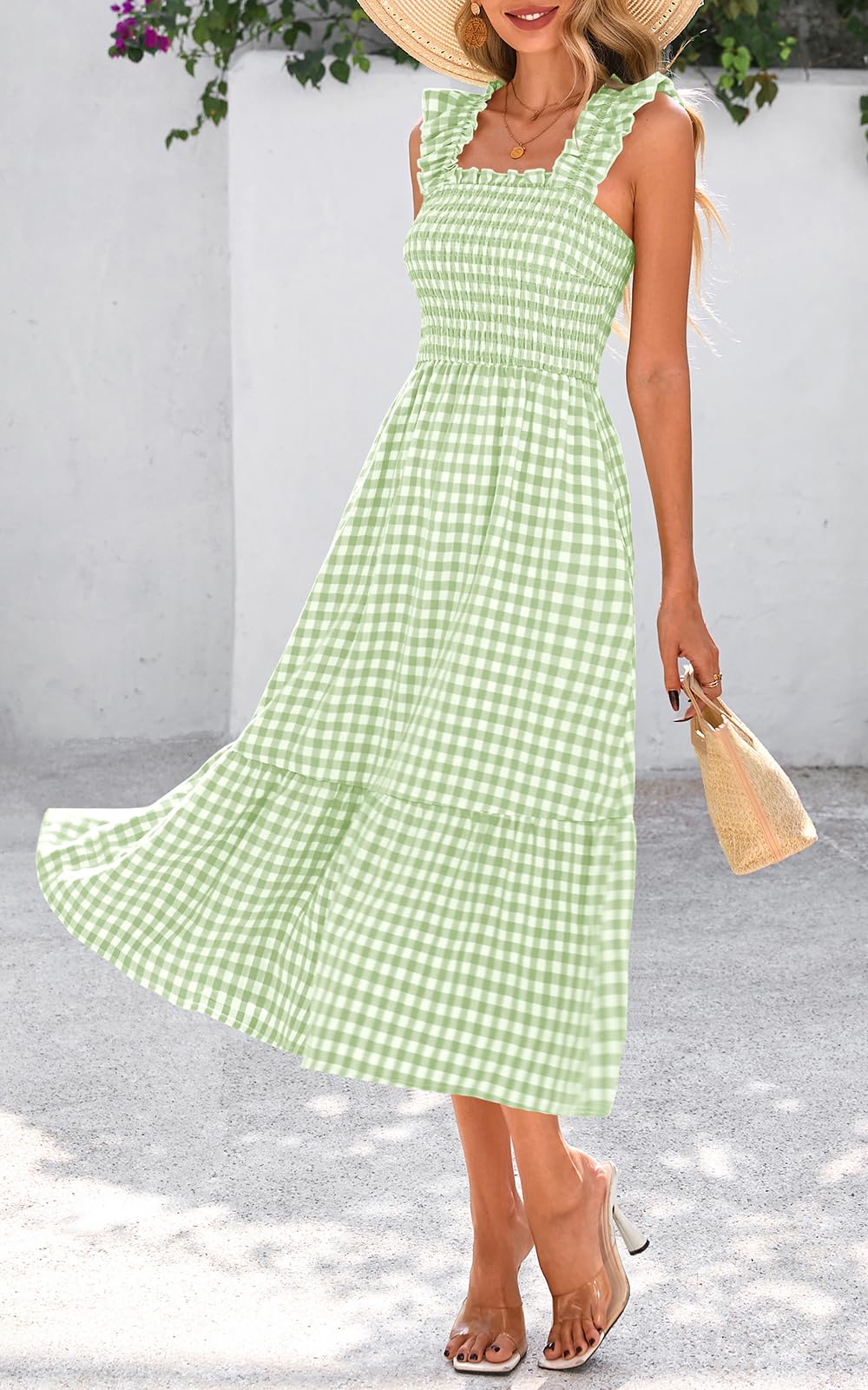 Foto 4 pulgar | Vestido De Verano Prettygarden, Cuello Cuadrado, Volantes, A Cuadros, Verde - Venta Internacional.
