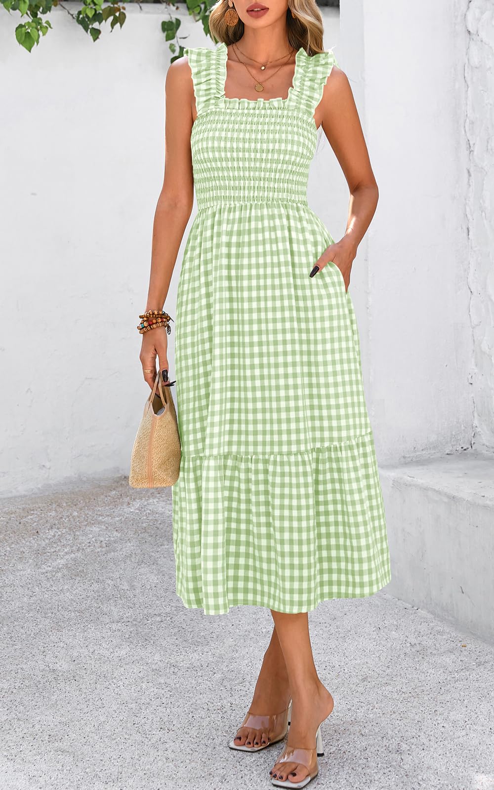 Foto 5 pulgar | Vestido De Verano Prettygarden, Cuello Cuadrado, Volantes, A Cuadros, Verde - Venta Internacional.