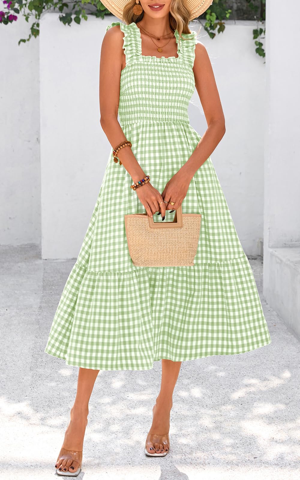 Foto 5 | Vestido De Verano Prettygarden, Cuello Cuadrado, Volantes, A Cuadros, Verde - Venta Internacional.