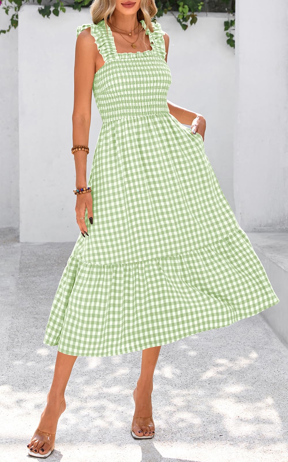 Foto 8 pulgar | Vestido De Verano Prettygarden, Cuello Cuadrado, Volantes, A Cuadros, Verde - Venta Internacional.