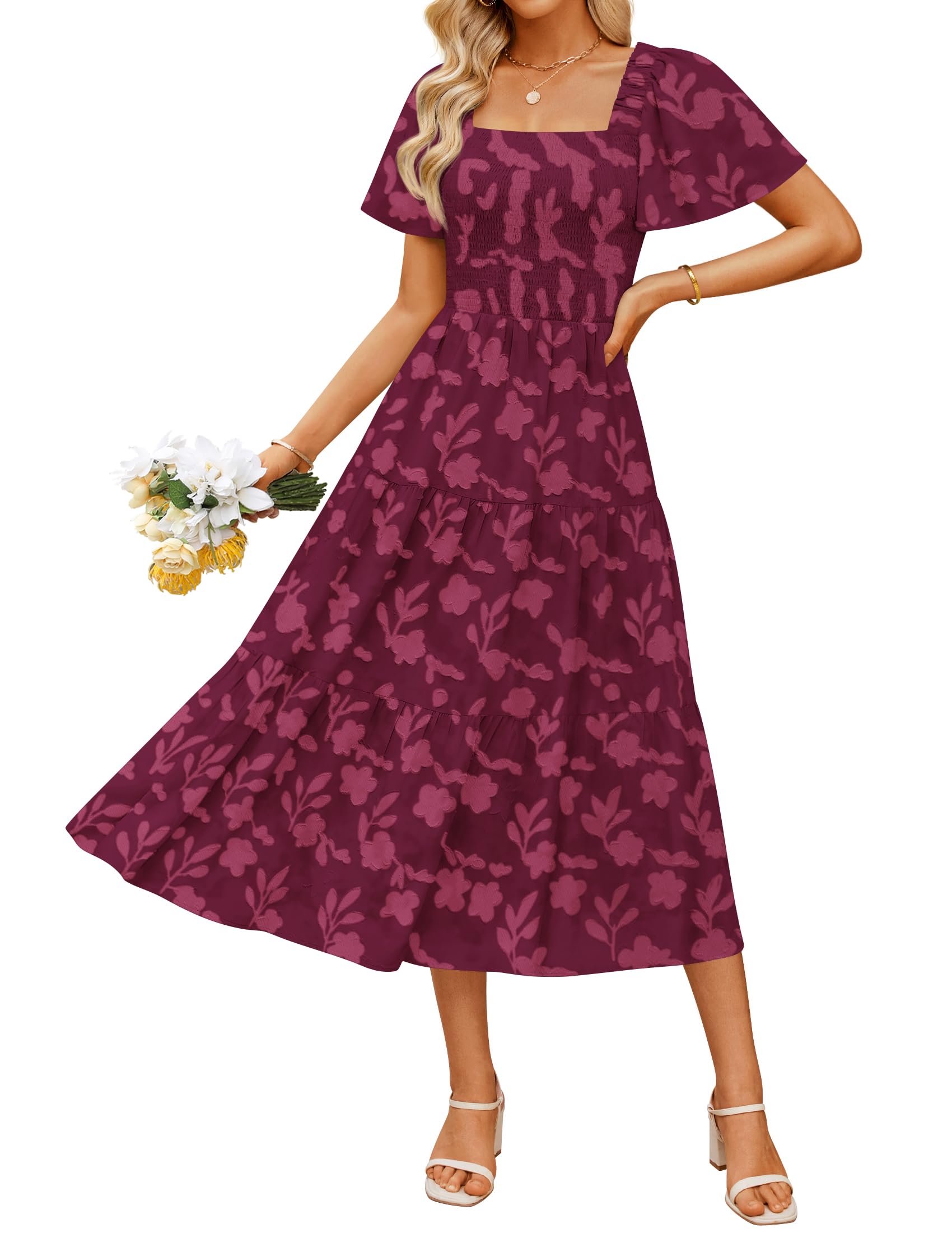 Foto 2 pulgar | Vestido Zesica para Mujer Estilo Bohemio Floral Midi Vino - Venta Internacional