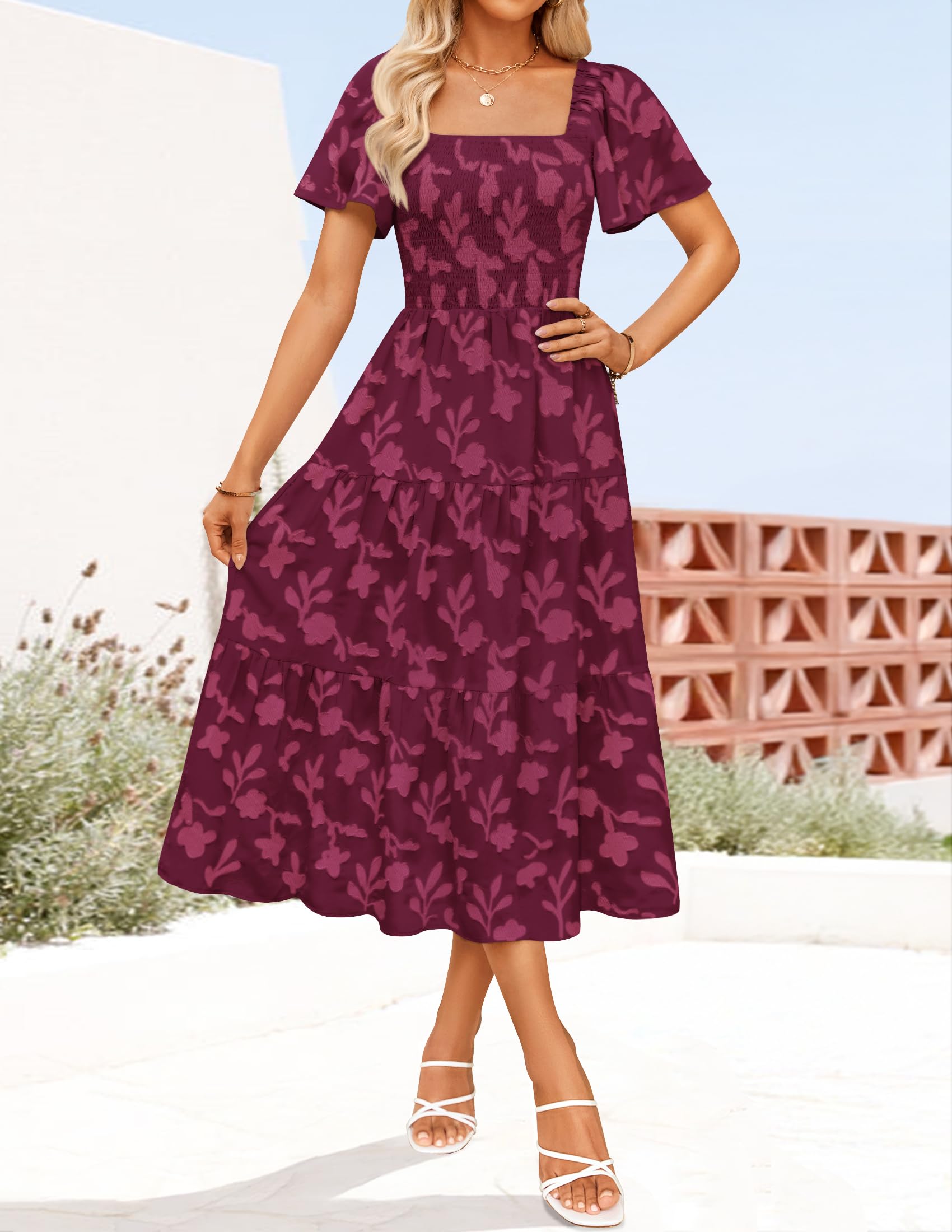 Foto 3 pulgar | Vestido Zesica para Mujer Estilo Bohemio Floral Midi Vino - Venta Internacional