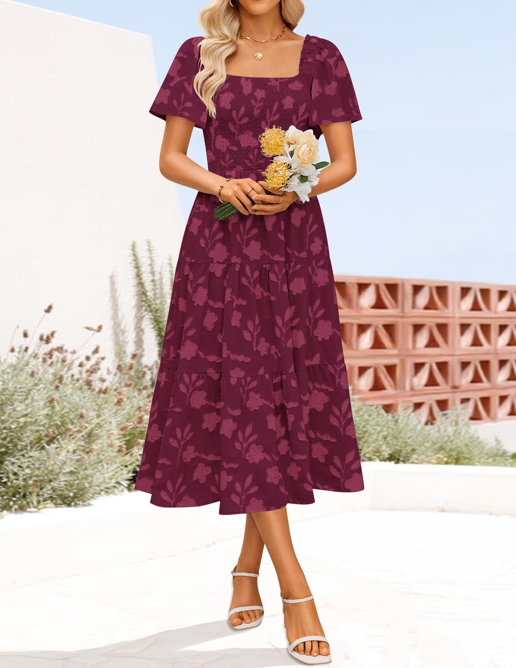 Foto 4 pulgar | Vestido Zesica para Mujer Estilo Bohemio Floral Midi Vino - Venta Internacional