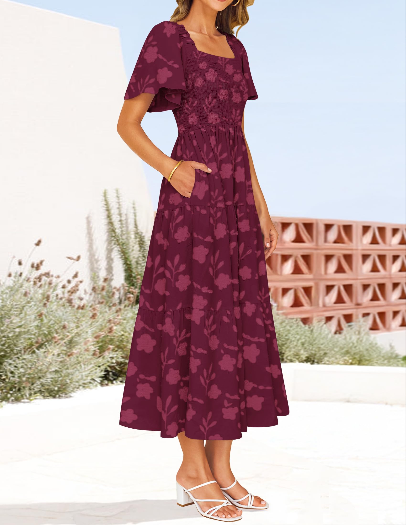 Foto 6 pulgar | Vestido Zesica para Mujer Estilo Bohemio Floral Midi Vino - Venta Internacional