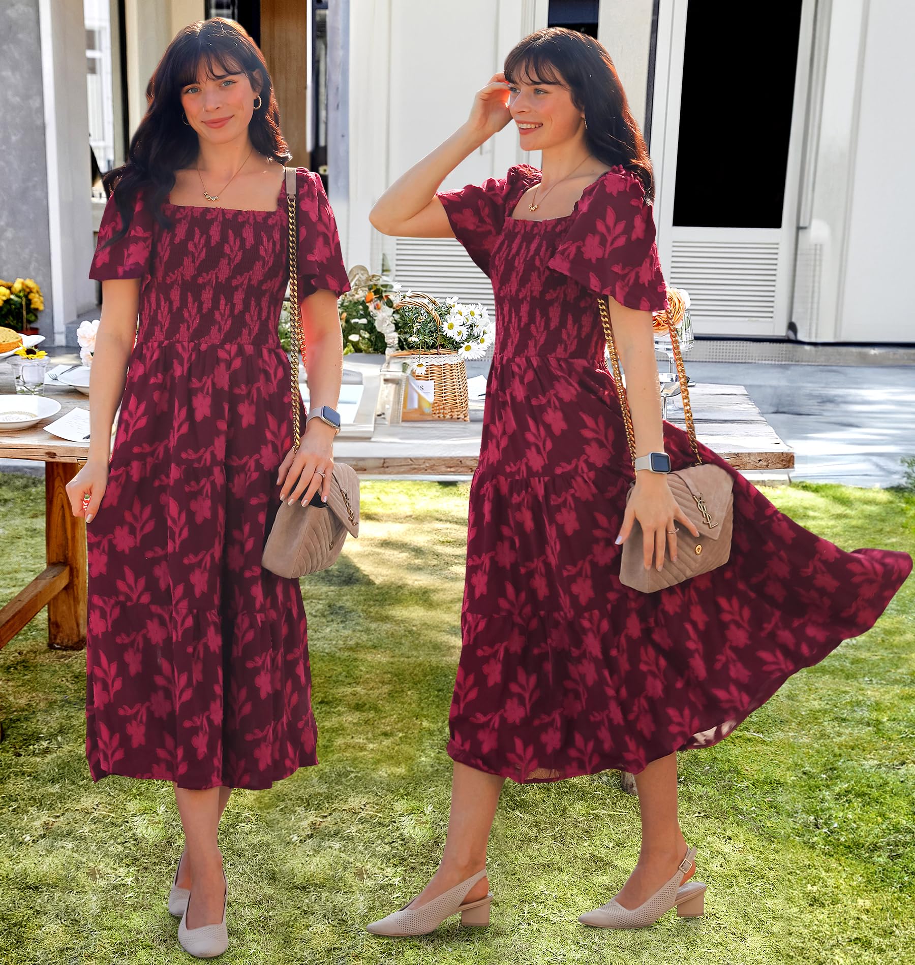 Foto 8 pulgar | Vestido Zesica para Mujer Estilo Bohemio Floral Midi Vino - Venta Internacional