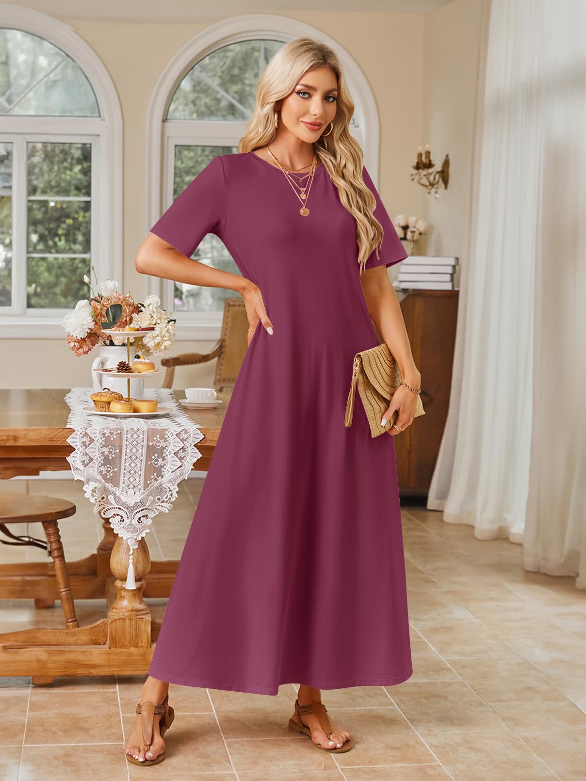 Foto 3 pulgar | Vestido Largo Merokeety Para Mujer 2025, Primavera-verano, Vino, Talla L - Venta Internacional.