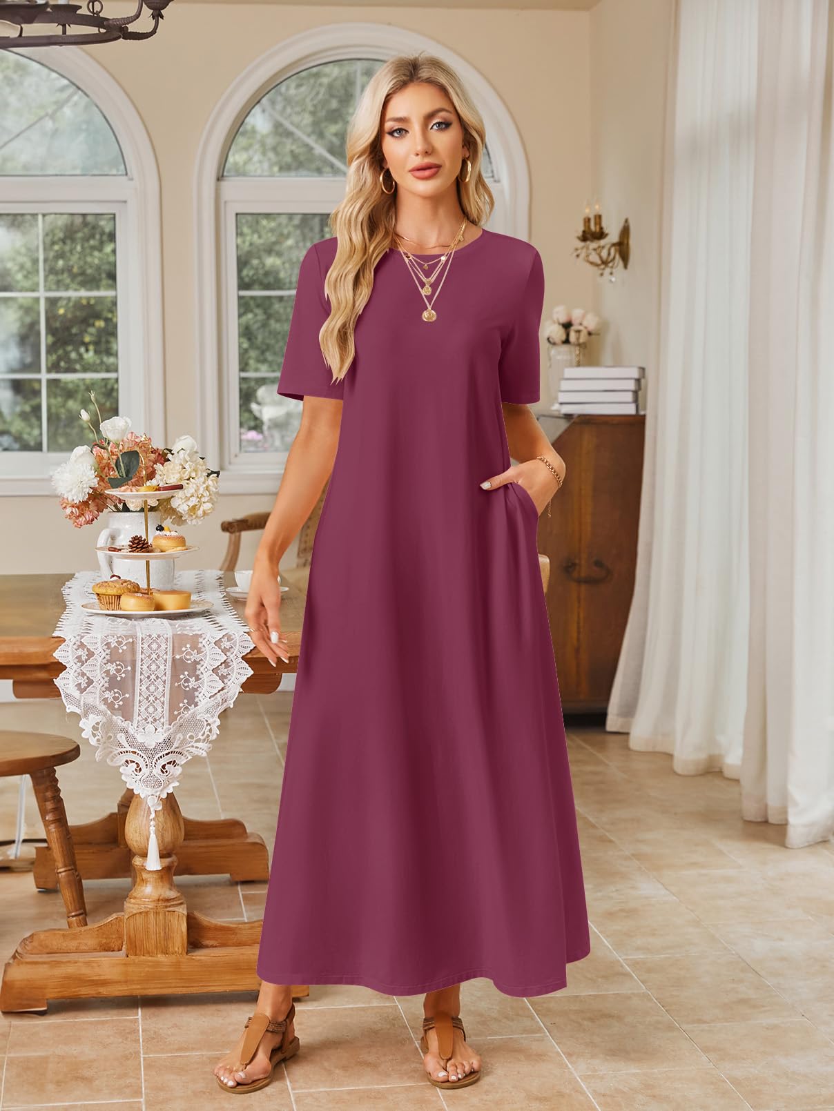 Foto 5 pulgar | Vestido Largo Merokeety Para Mujer 2025, Primavera-verano, Vino, Talla L - Venta Internacional.