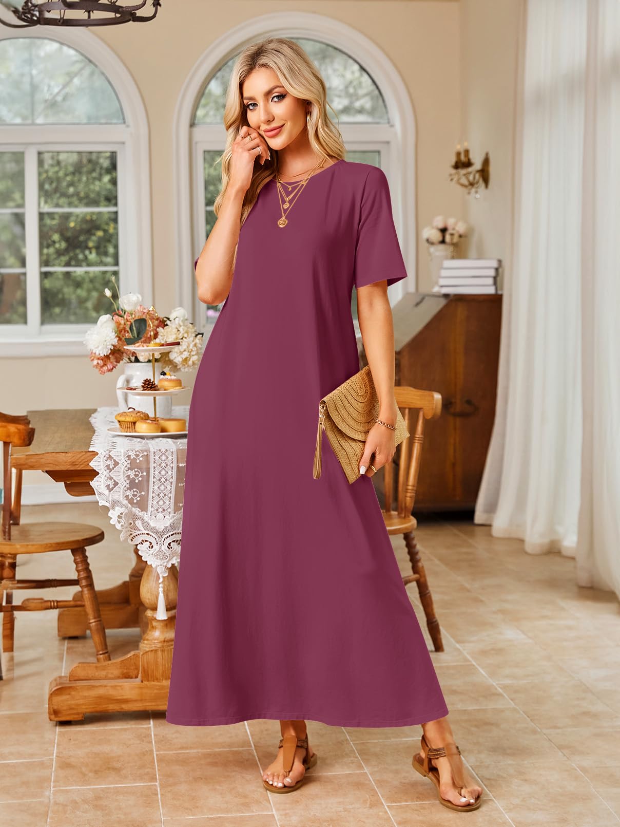 Foto 7 pulgar | Vestido Largo Merokeety Para Mujer 2025, Primavera-verano, Vino, Talla L - Venta Internacional.