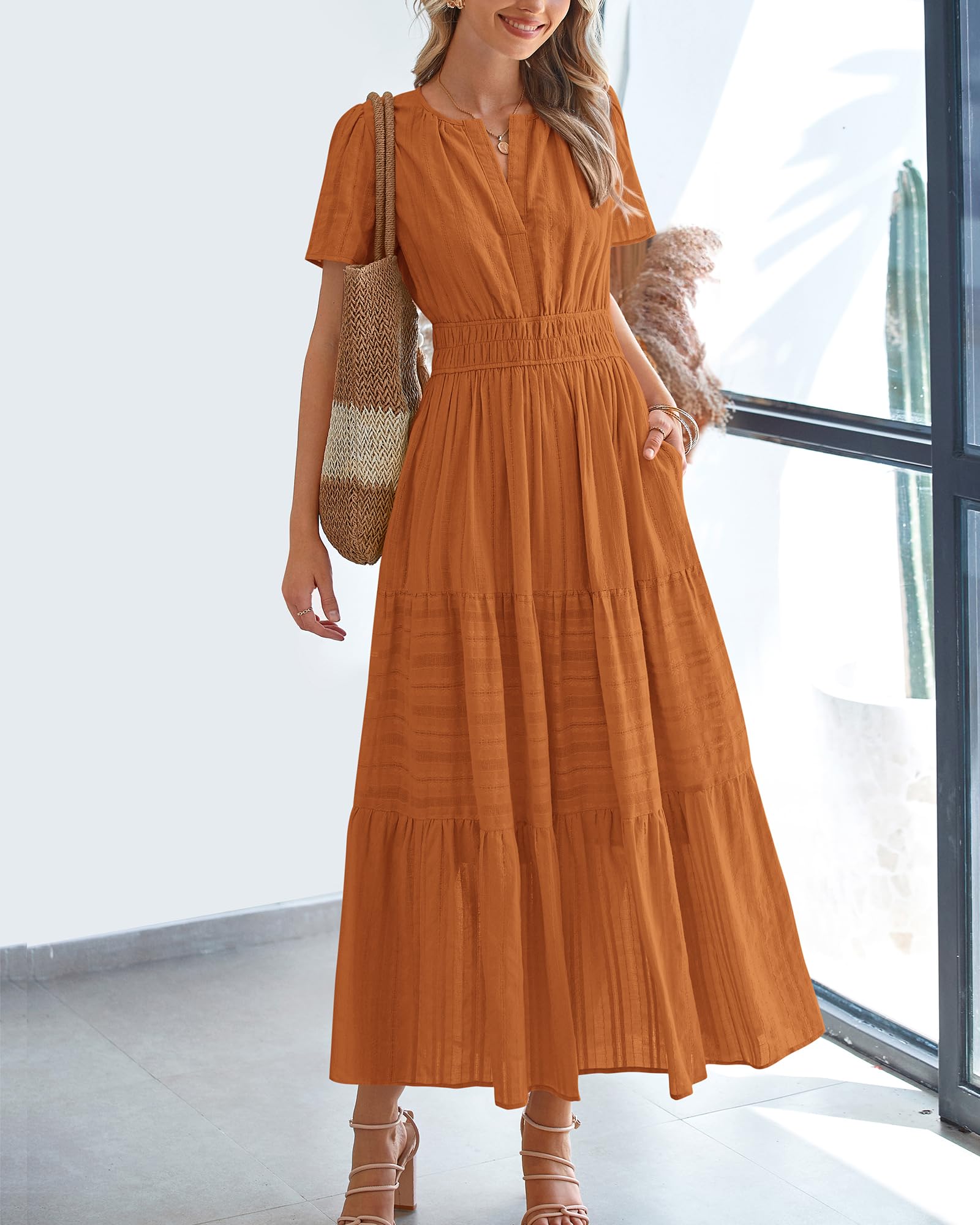 Foto 3 pulgar | Vestido Casual Btfbm Para Mujer, Cuello En V, De Verano, Maxi Con Bolsillos - Venta Internacional.