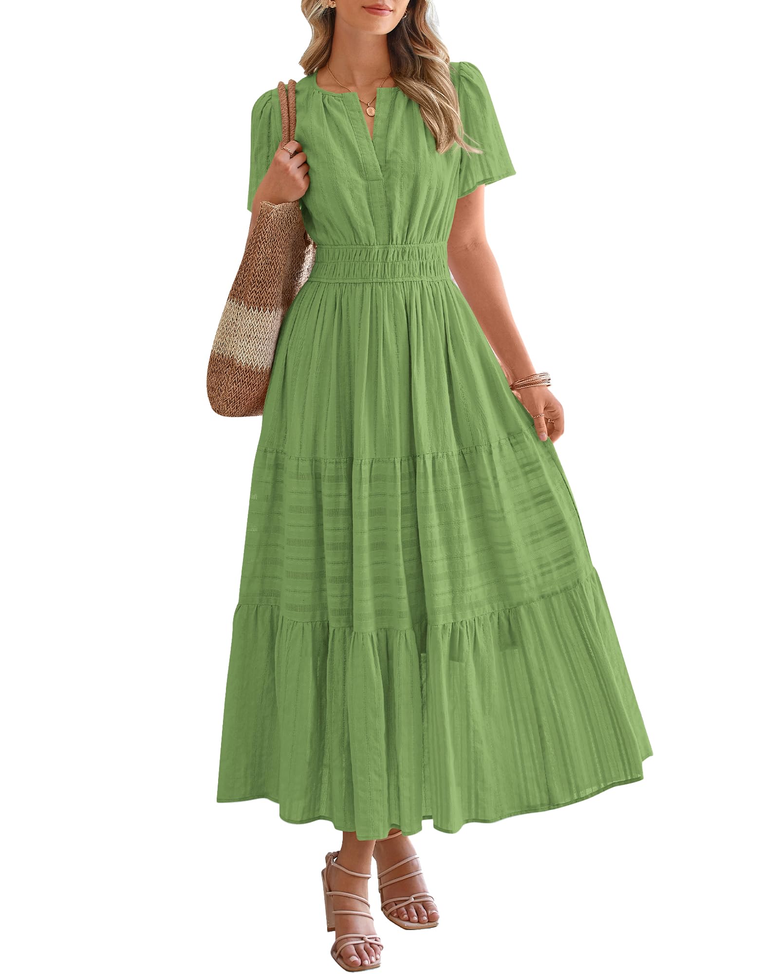Foto 2 pulgar | Vestido Casual Btfbm De Verano 2025 Con Cuello En V Y Manga Corta, Verde - Venta Internacional.