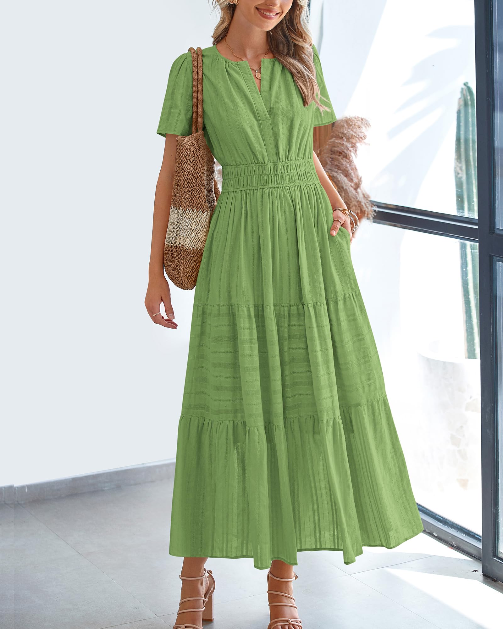 Foto 3 pulgar | Vestido Casual Btfbm De Verano 2025 Con Cuello En V Y Manga Corta, Verde - Venta Internacional.