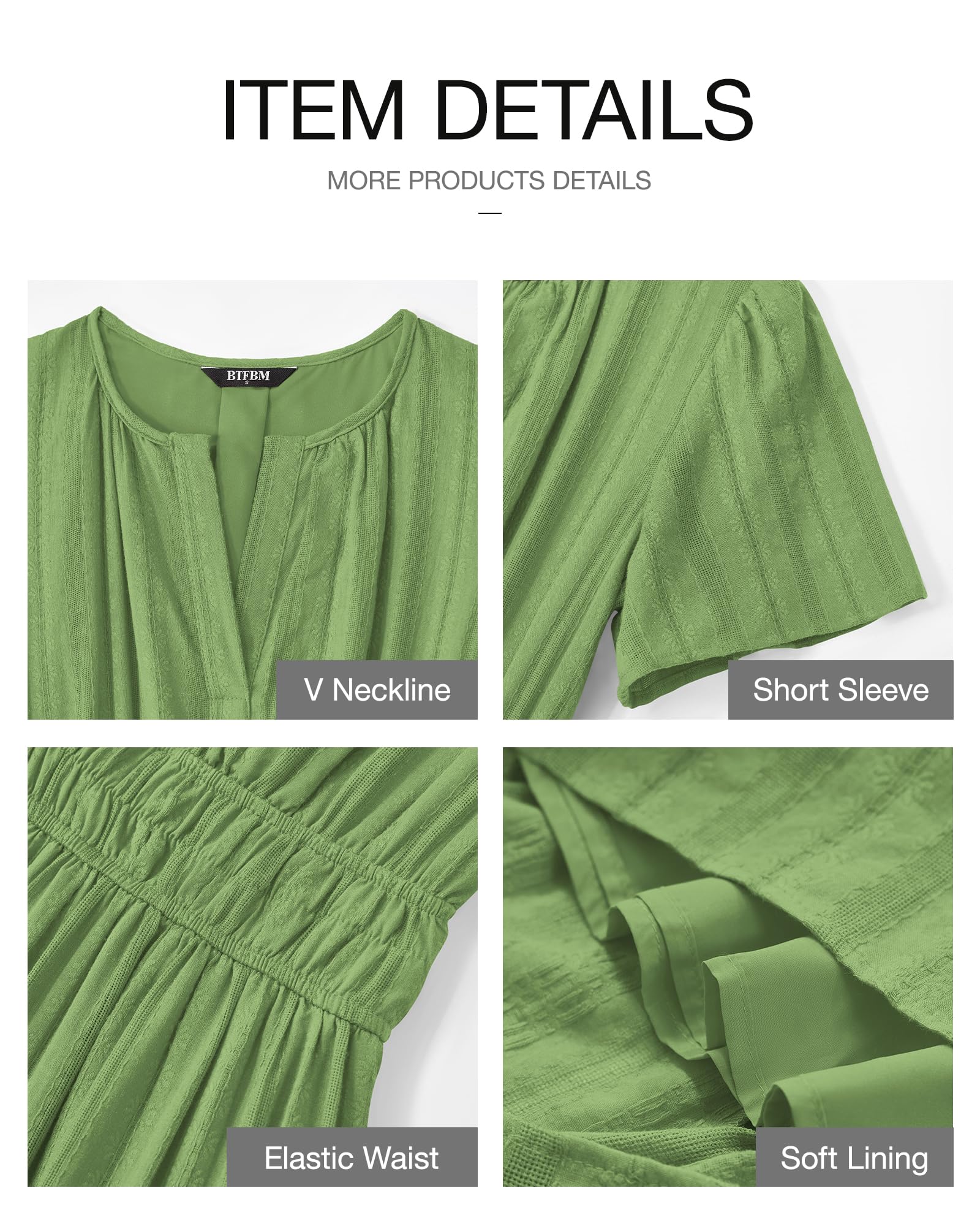 Foto 5 pulgar | Vestido Casual Btfbm De Verano 2025 Con Cuello En V Y Manga Corta, Verde - Venta Internacional.