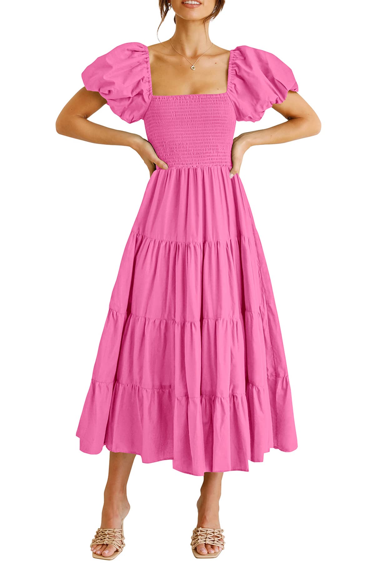 Foto 2 pulgar | Vestido Midi Prettygarden Para Mujer, Manga Corta Abullonada, Rosa - Venta Internacional.