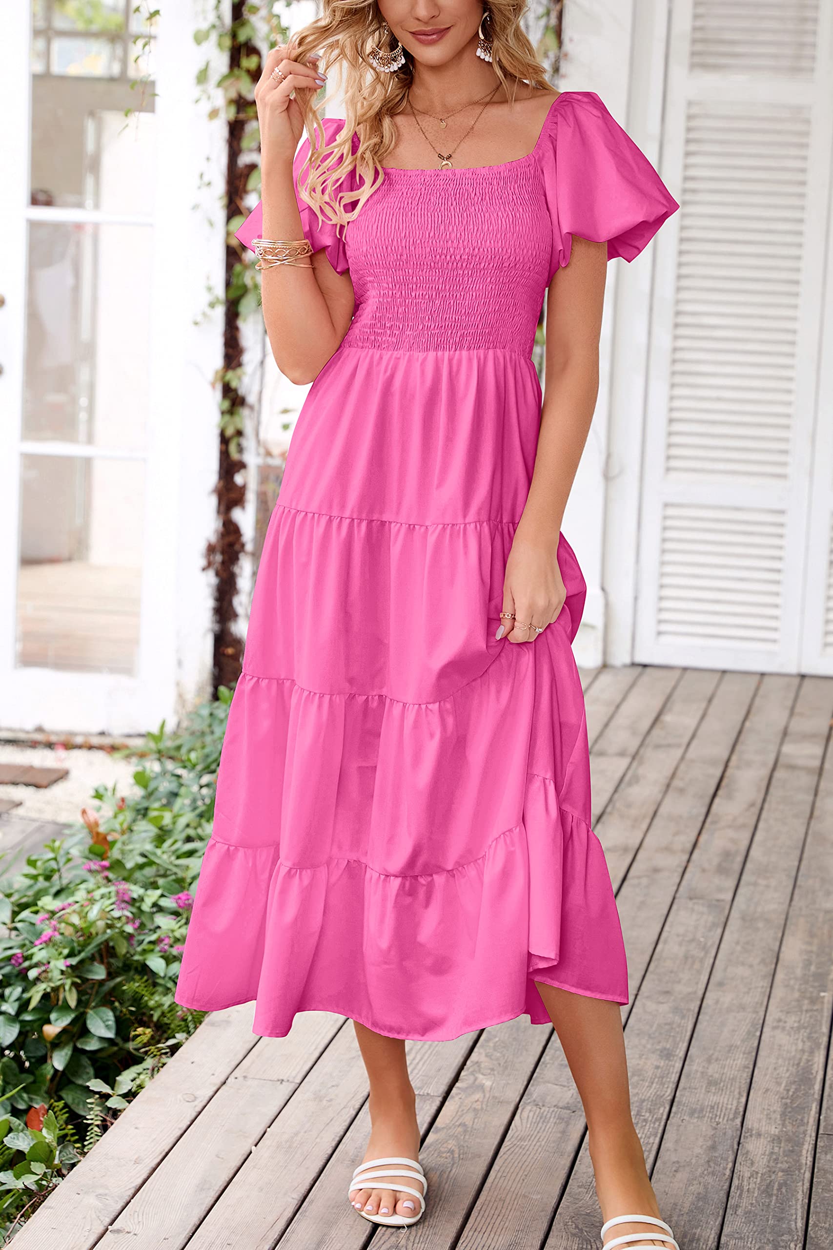 Foto 3 pulgar | Vestido Midi Prettygarden Para Mujer, Manga Corta Abullonada, Rosa - Venta Internacional.