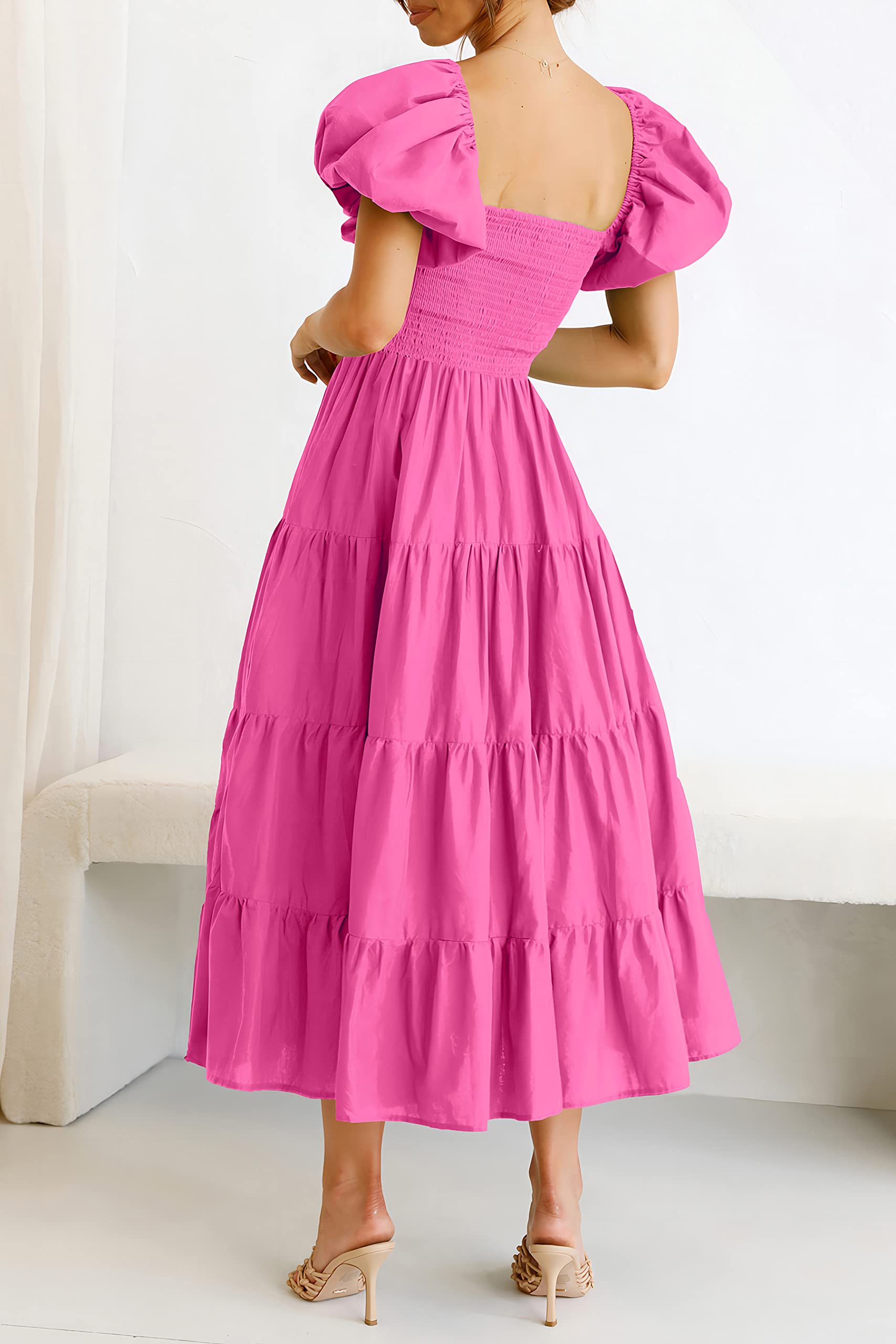 Foto 8 pulgar | Vestido Midi Prettygarden Para Mujer, Manga Corta Abullonada, Rosa - Venta Internacional.