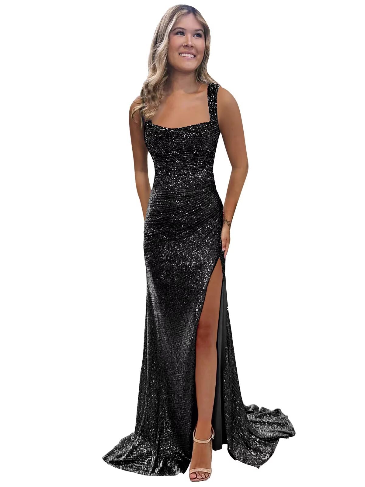 Foto 2 pulgar | Vestido De Fiesta Bolensye Negro Con Lentejuelas, Cuello Cuadrado, Abertura Larga 2025 - Venta Internacional.