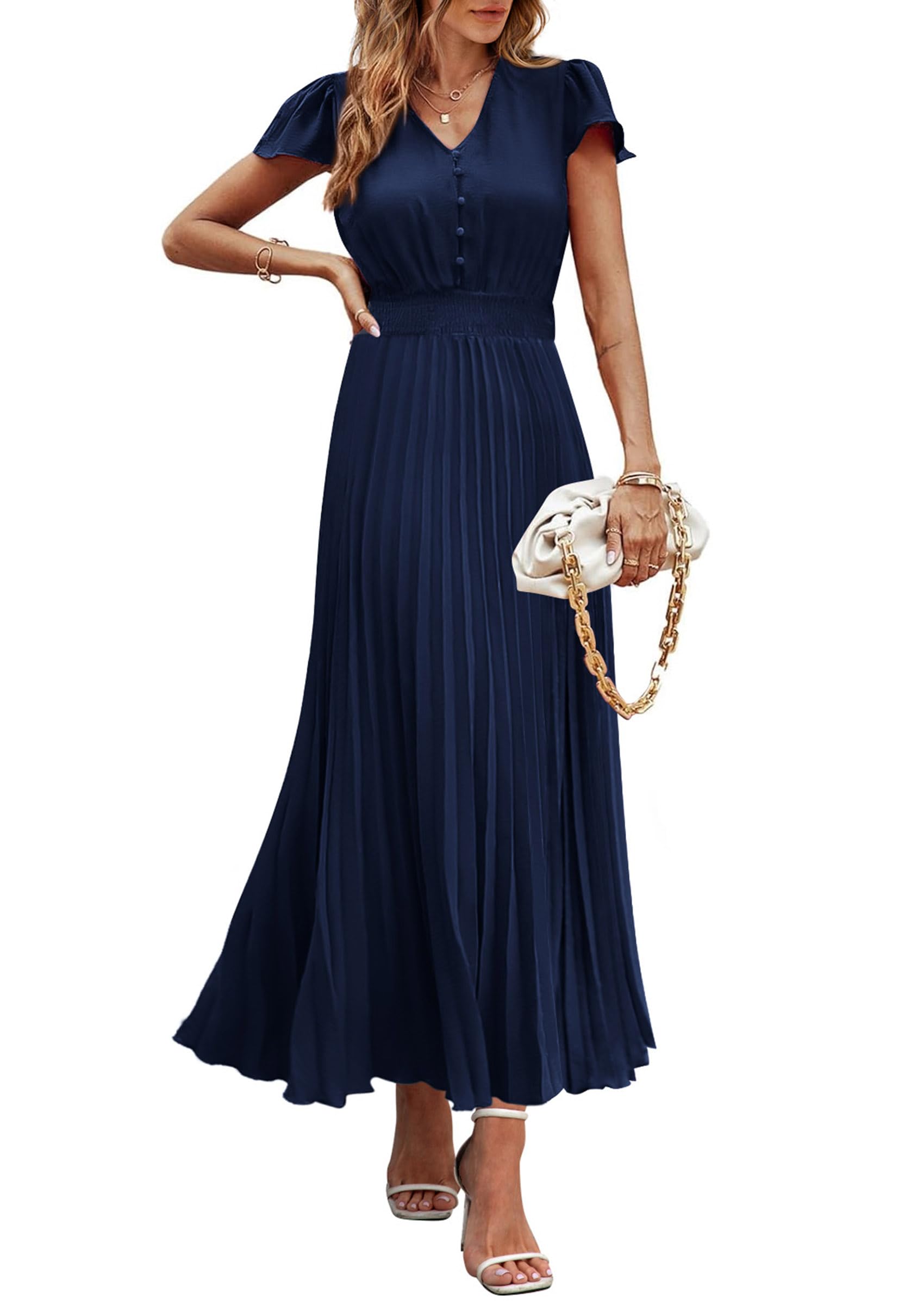 Vestido Largo Prettygarden Verano 2025 Con Cuello En V Y Volantes, Azul Marino, Xxl - Venta Internacional.