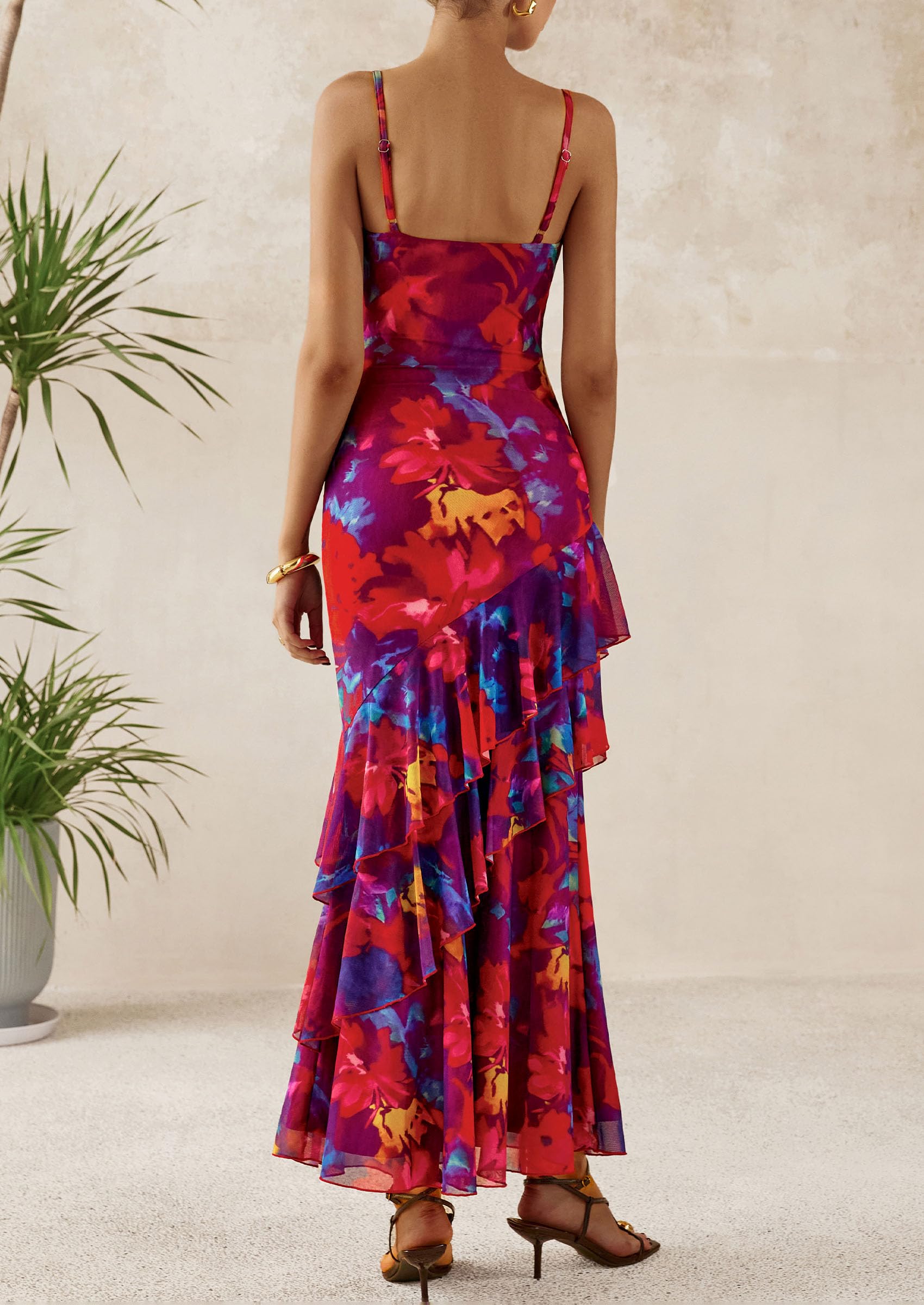 Foto 2 | Vestido Largo Prettygarden 2025 Con Estampado Floral Escalonado Rojo Marino - Venta Internacional.