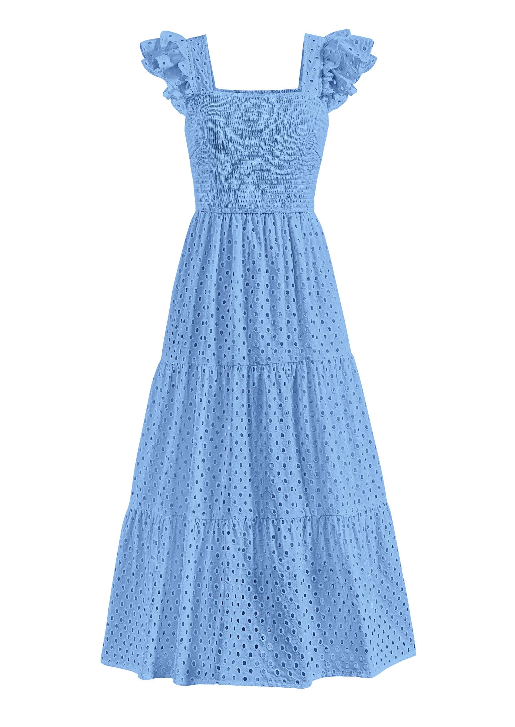 Vestido Largo Prettygarden Para Mujer, Cuello Cuadrado, Fruncido, Azul Claro - Venta Internacional.