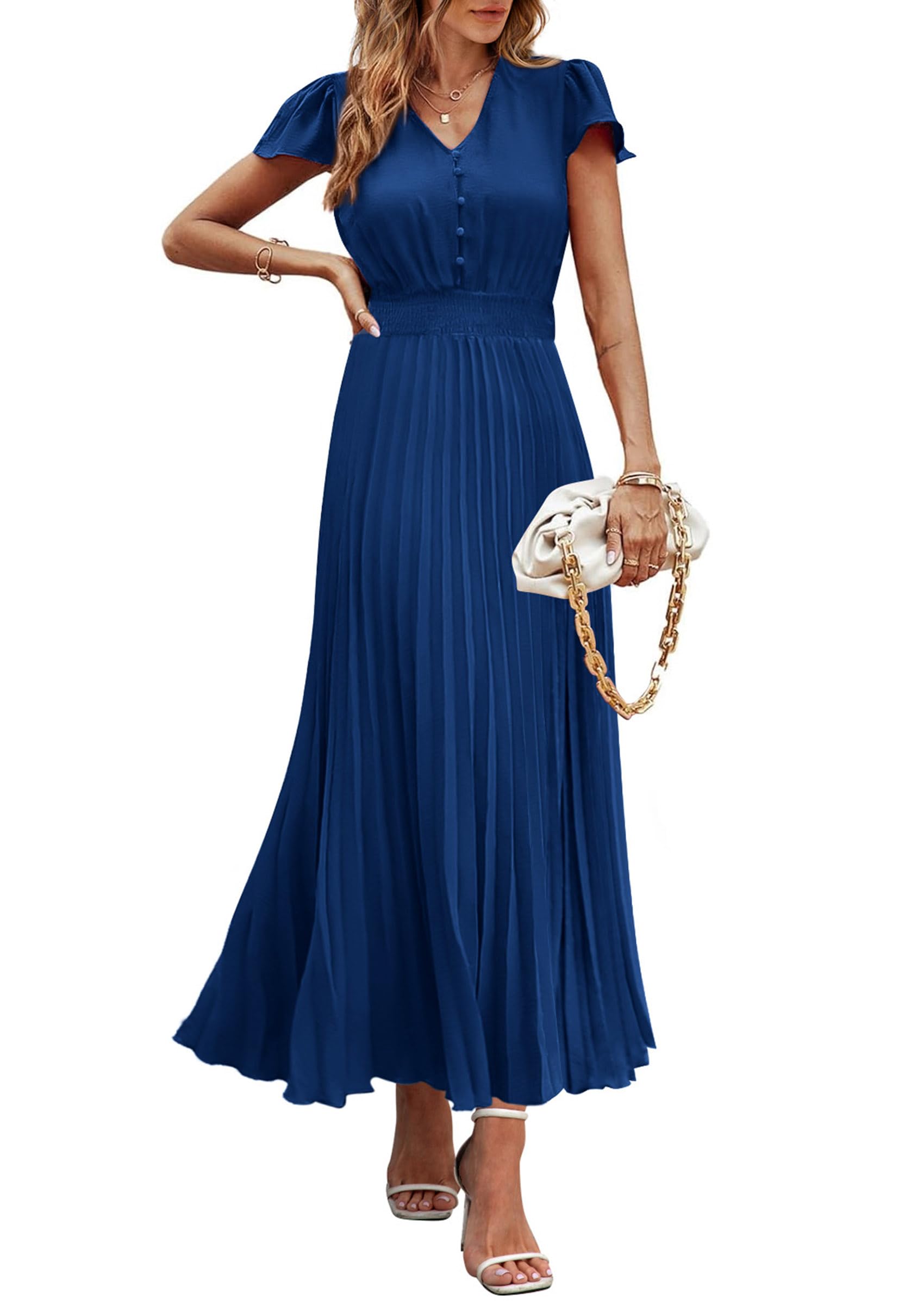 Vestido Largo Prettygarden Para Mujer, Verano, Cuello En V, Volantes, Azul Oscuro - Venta Internacional.