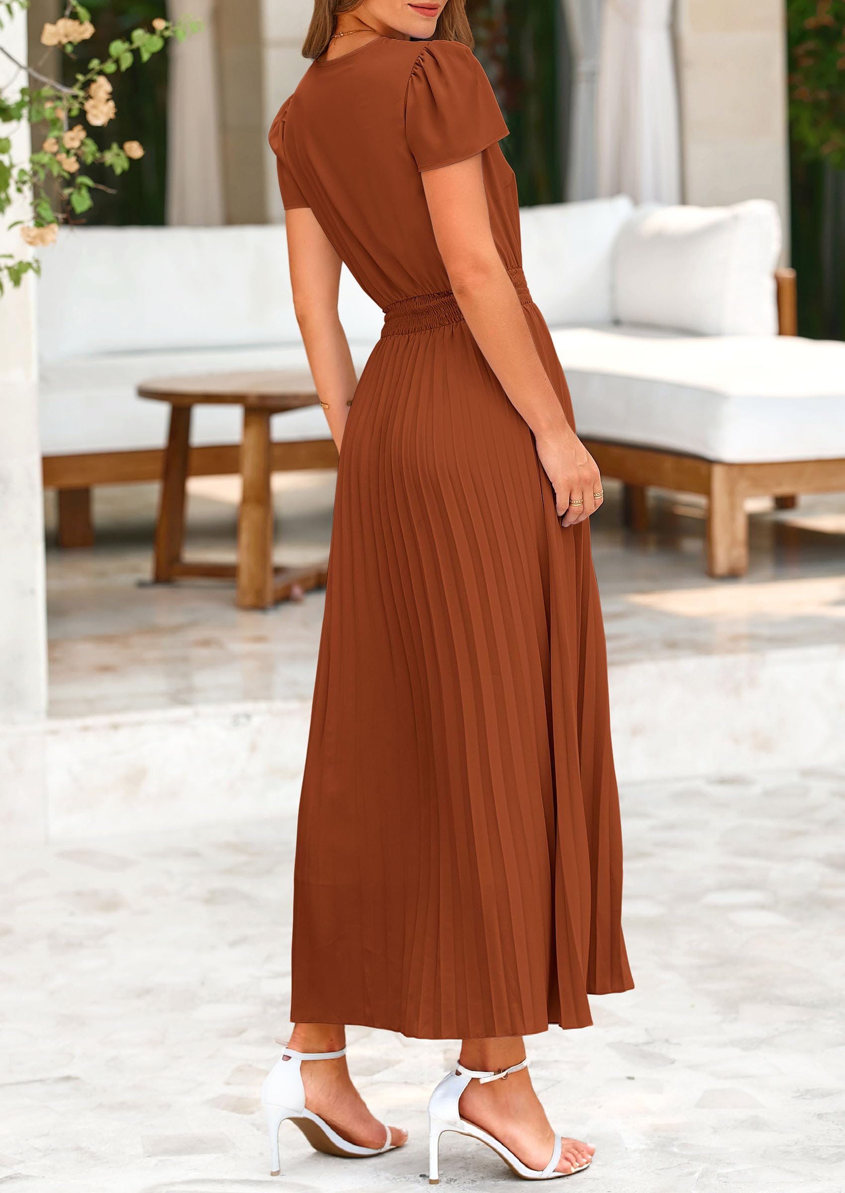 Foto 3 pulgar | Vestido Largo Prettygarden Para Mujer, Cuello En V, Cuello En V, Volantes, Marrón - Venta Internacional.