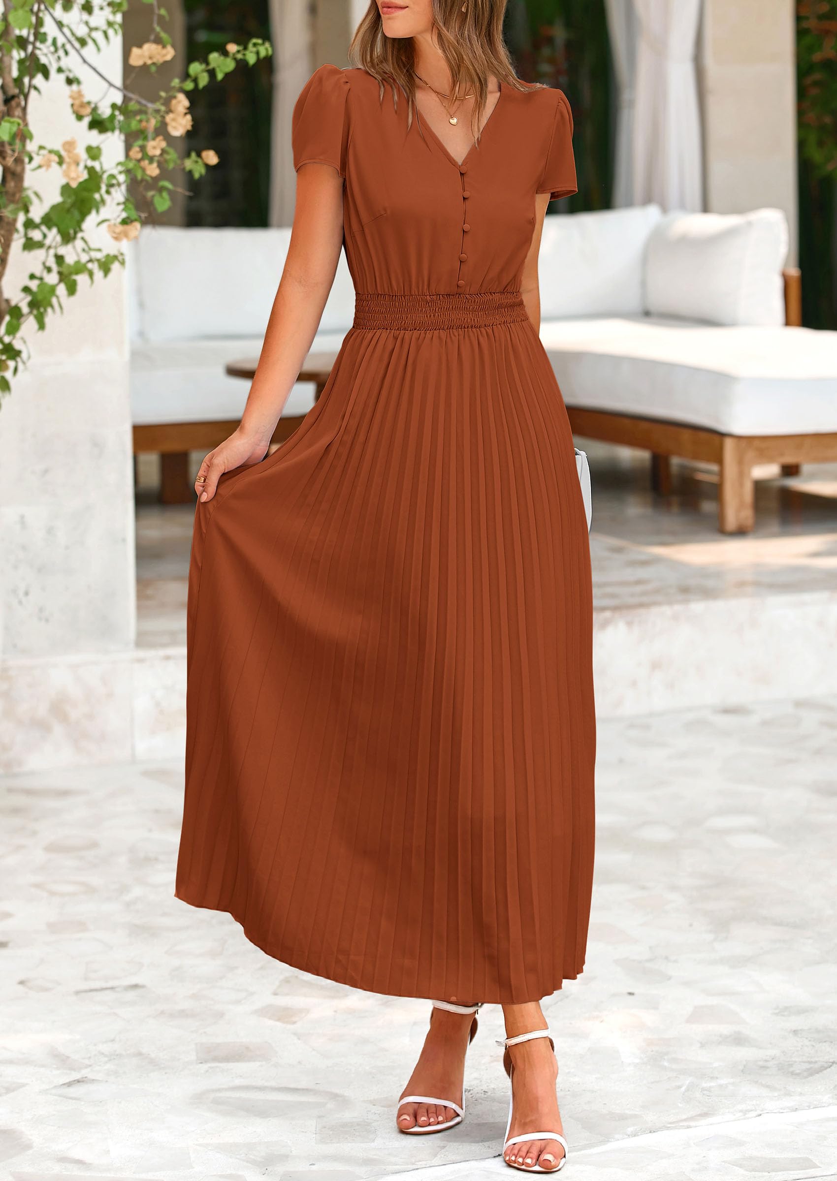 Foto 5 pulgar | Vestido Largo Prettygarden Para Mujer, Cuello En V, Cuello En V, Volantes, Marrón - Venta Internacional.