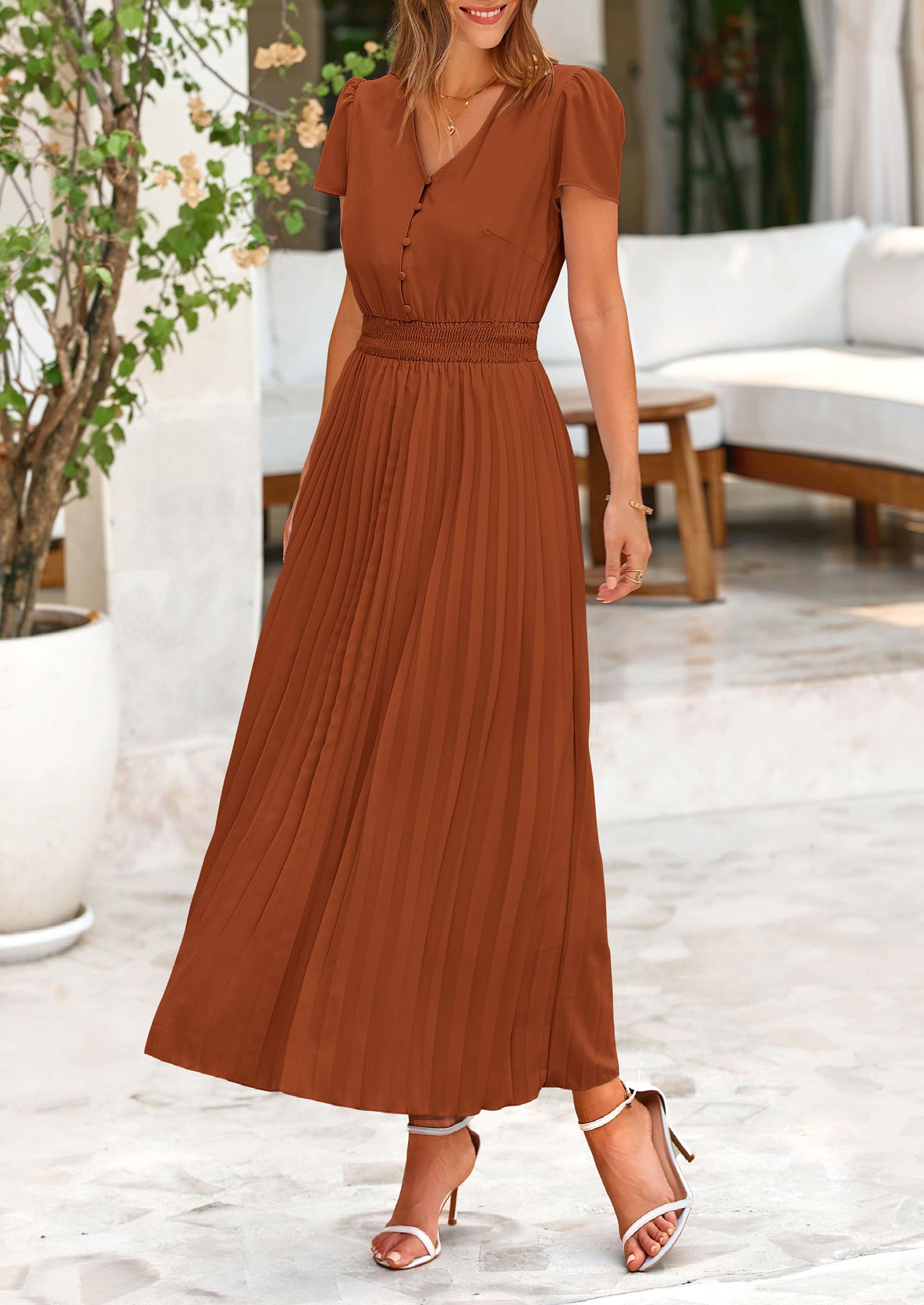 Foto 7 | Vestido Largo Prettygarden Para Mujer, Cuello En V, Cuello En V, Volantes, Marrón - Venta Internacional.