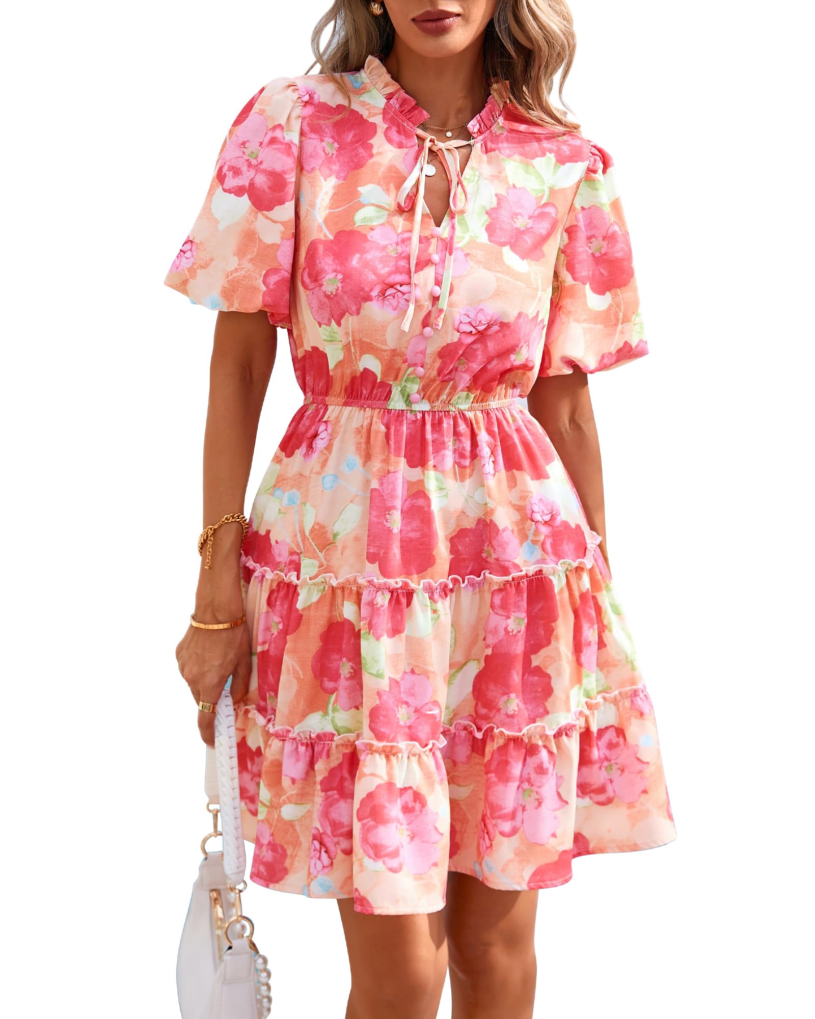 Foto 2 pulgar | Vestido Btfbm Para Mujer, Estampado Floral, Cuello En V, Manga Corta, Volantes - Venta Internacional.