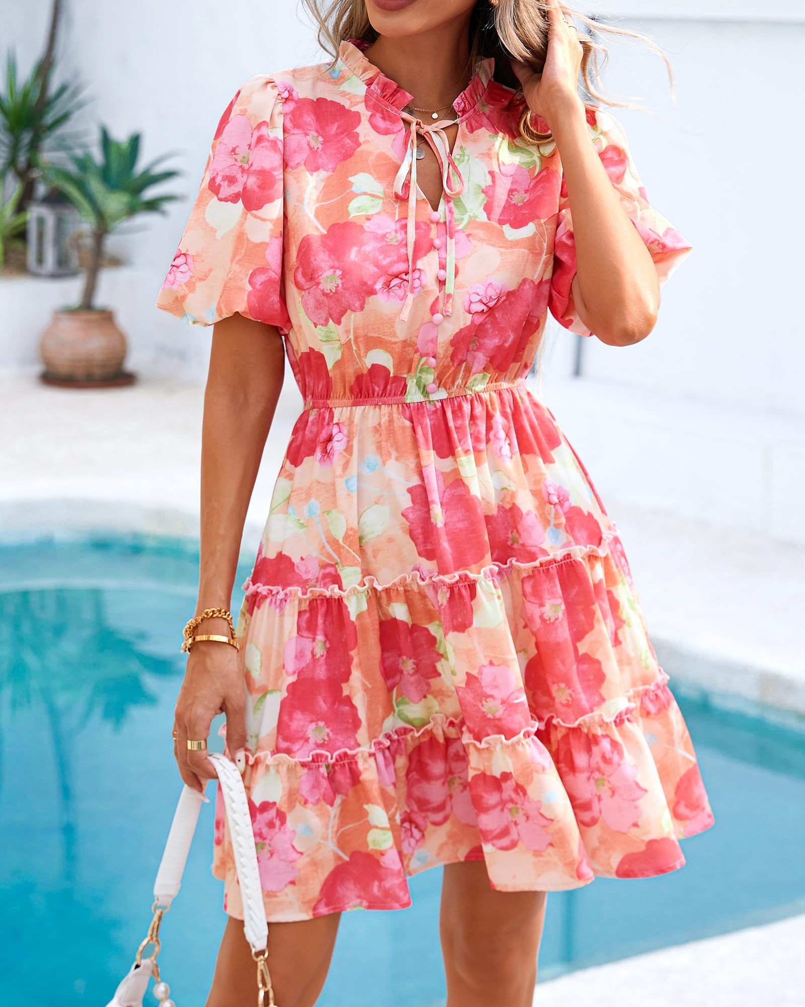 Foto 5 pulgar | Vestido Btfbm Para Mujer, Estampado Floral, Cuello En V, Manga Corta, Volantes - Venta Internacional.