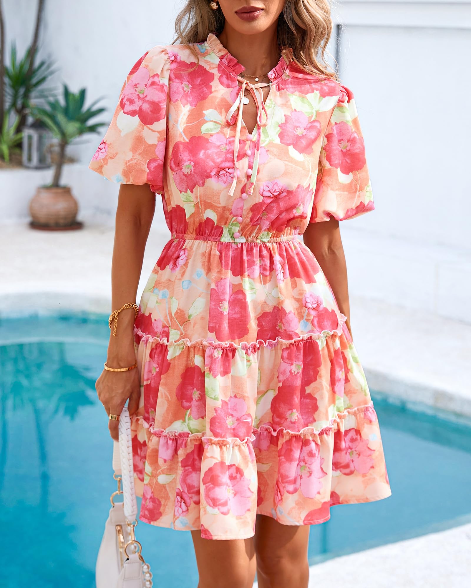 Foto 6 pulgar | Vestido Btfbm Para Mujer, Estampado Floral, Cuello En V, Manga Corta, Volantes - Venta Internacional.